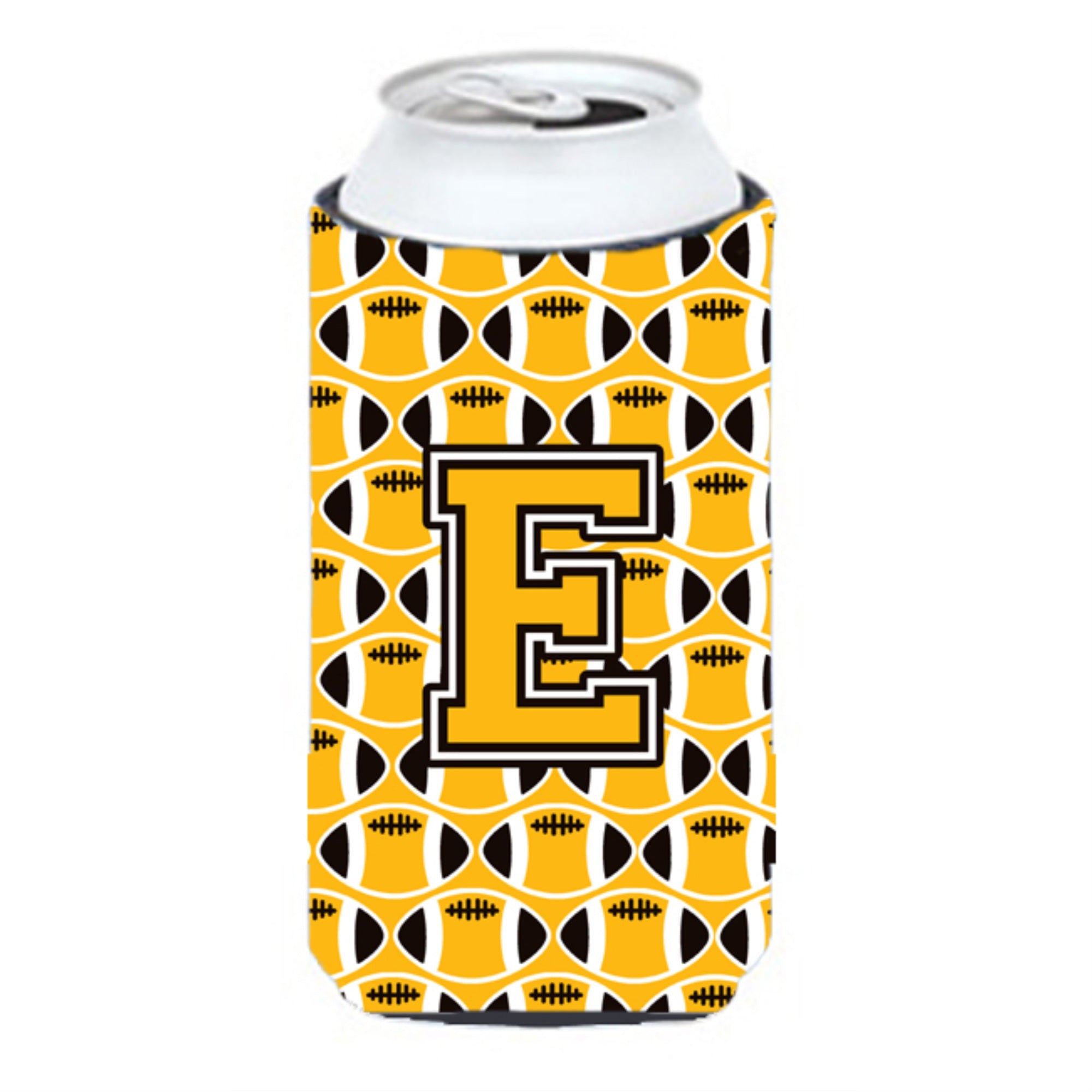 'Letter E Football Black, Old Gold And White Tall Boy Beverage Insulator Hugger Cj1080-Etbc''