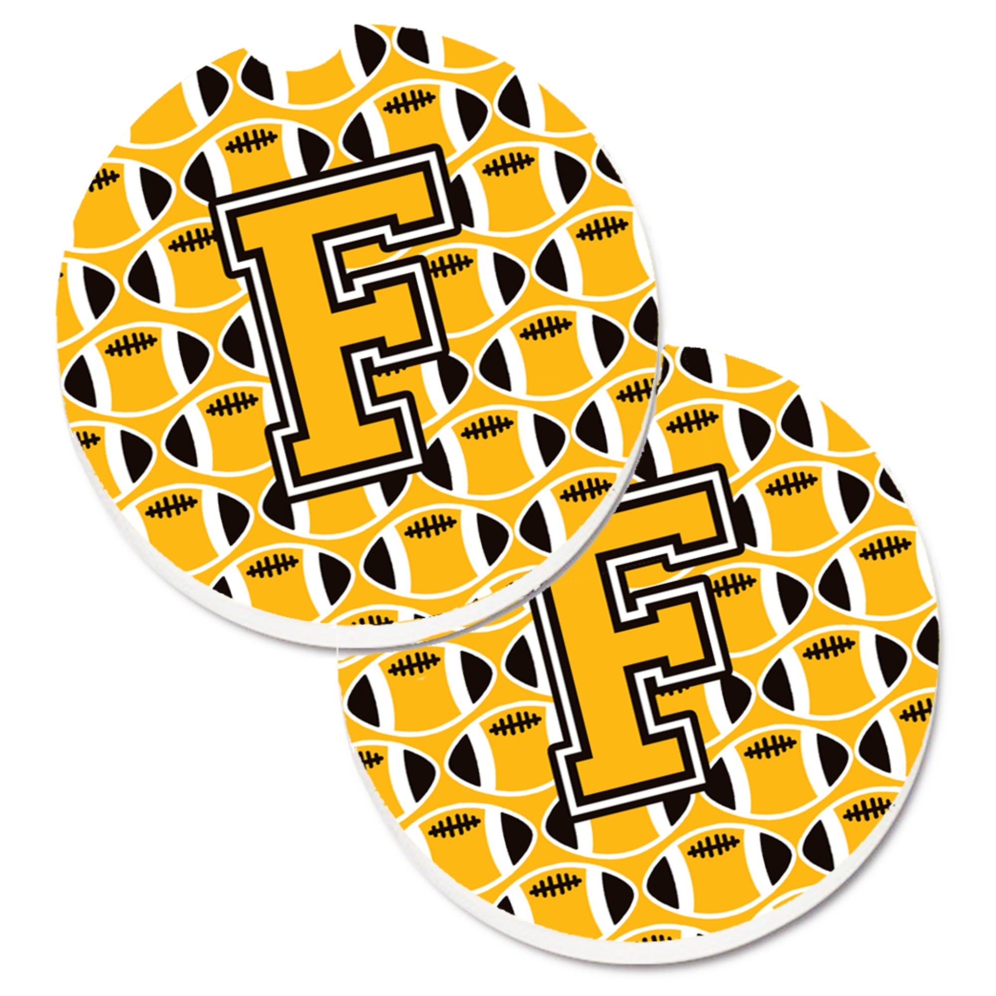 'Caroline'S Treasures Letter F Football Black, Old Gold & White Set Of 2 Cup Holder Car Coasters Cj1080-Fcarc, 2.56, Multicolor