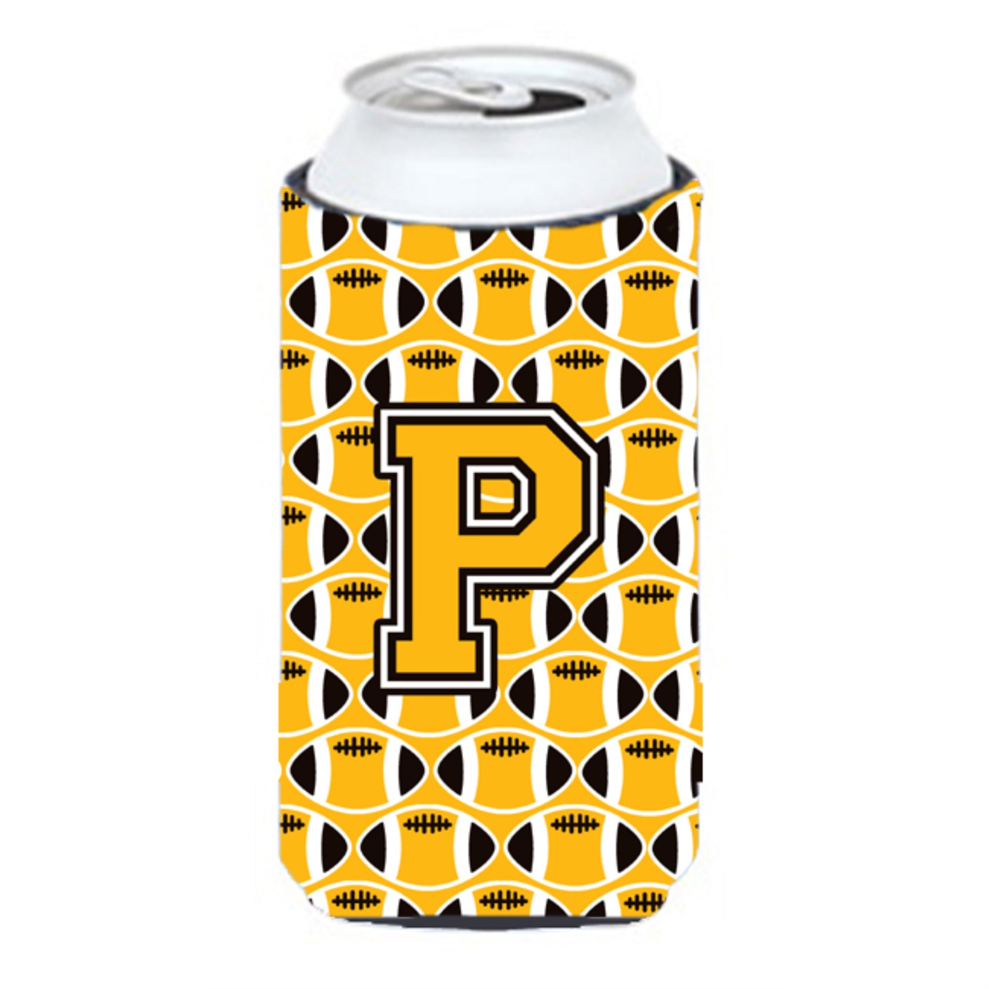 'Letter P Football Black, Old Gold And White Tall Boy Beverage Insulator Hugger Cj1080-Ptbc''