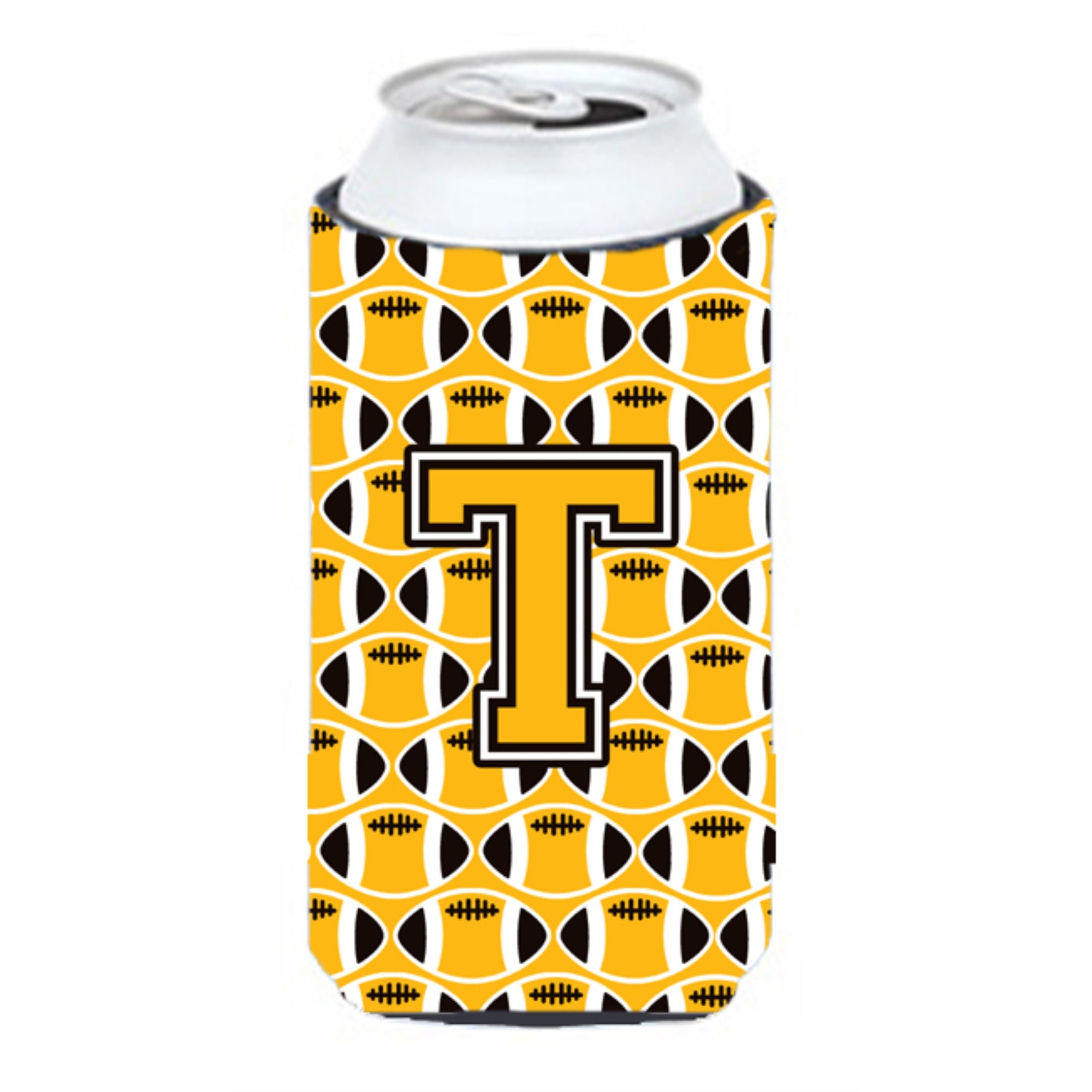 'Letter T Football Black, Old Gold And White Tall Boy Beverage Insulator Hugger Cj1080-Ttbc''