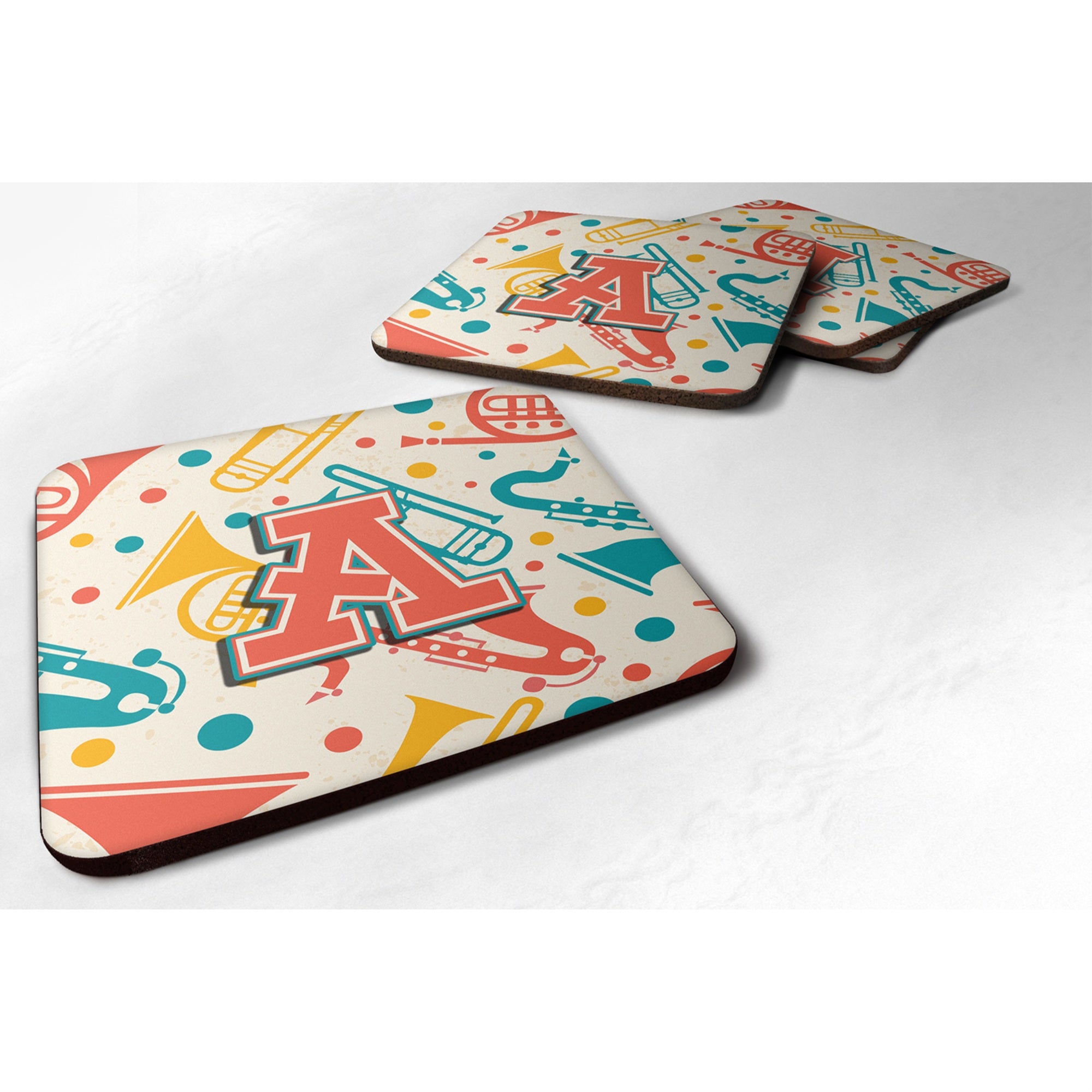 'Caroline'S Treasures Cj2001-Afc Letter A Retro Teal Orange Musical Instruments Initial Foam Coasters (Set Of 4), 3.5'''', Mult