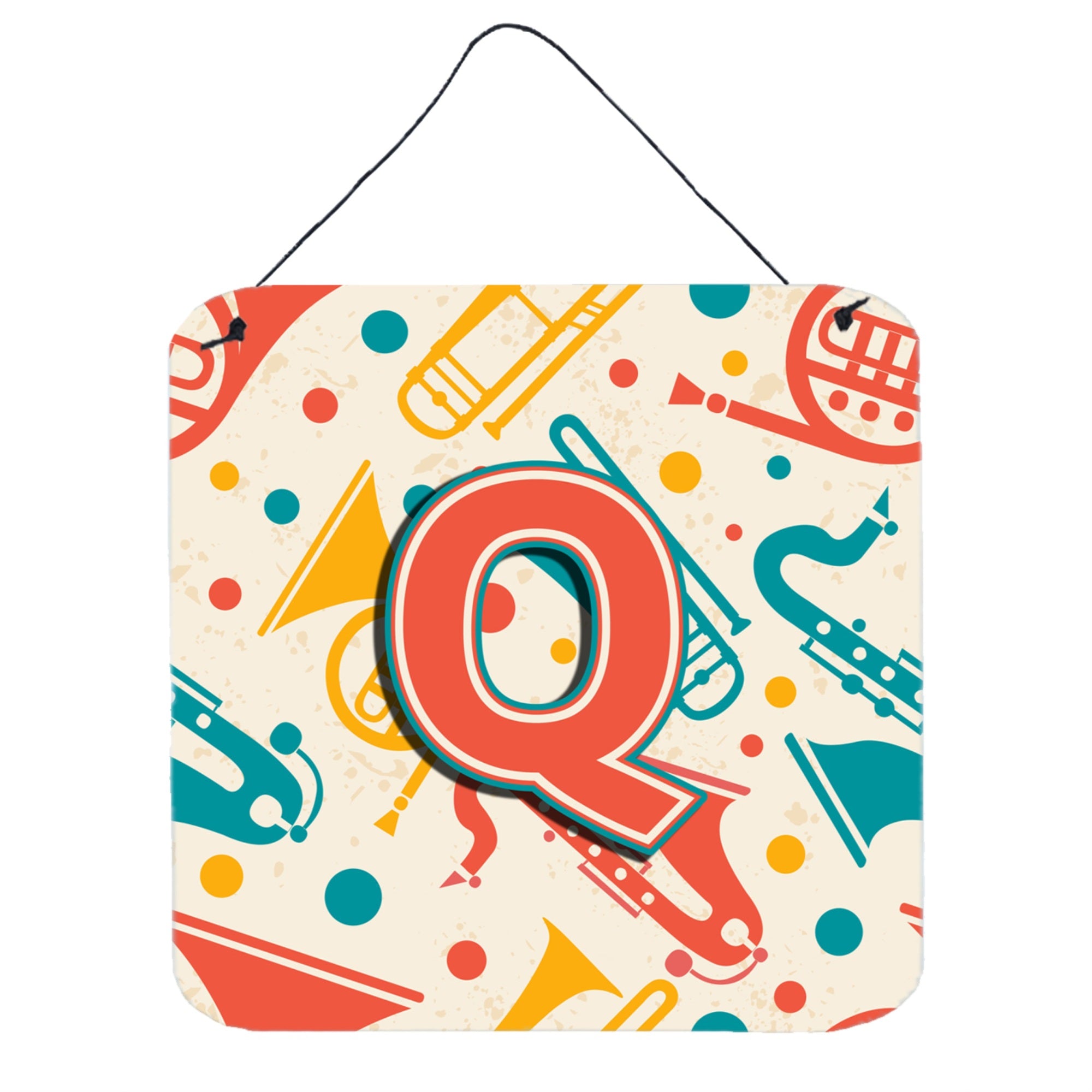 'Caroline'S Treasures Letter Q Retro Teal Orange Musical Instruments Initial With Wall Or Door Hanging Prints, 6 X 6''''''