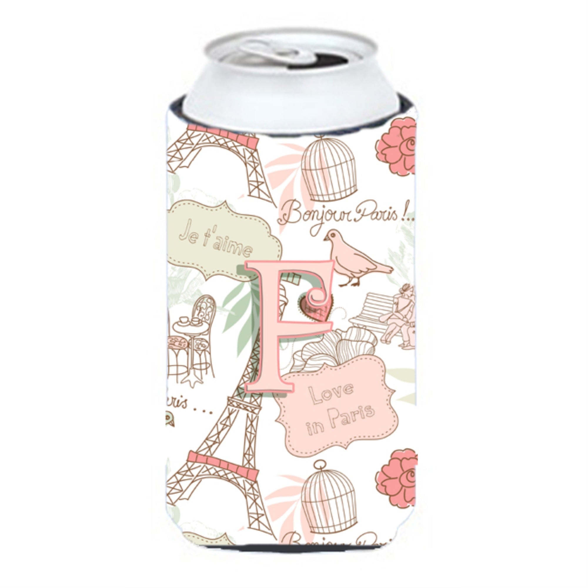 Letter F Love In Paris Pink Tall Boy Beverage Insulator Hugger Cj2002-Ftbc
