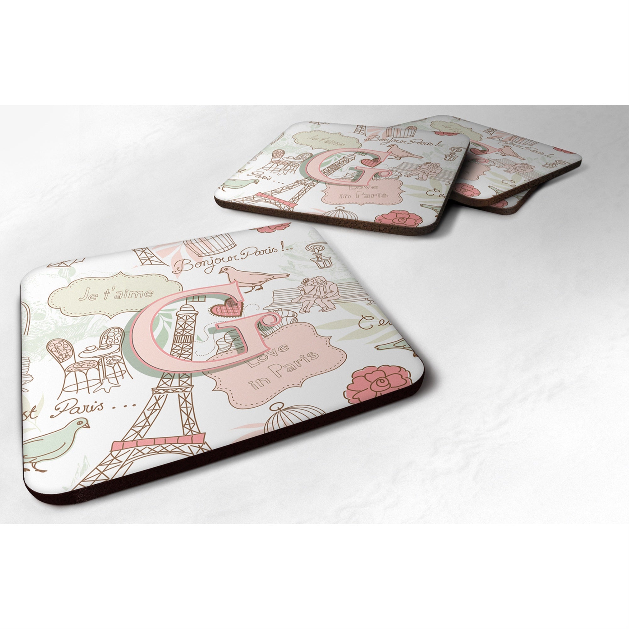 'Caroline'S Treasures Cj2002-Gfc Letter G Love In Paris Pink Foam Coasters (Set Of 4), 3.5'''', Multicolor''
