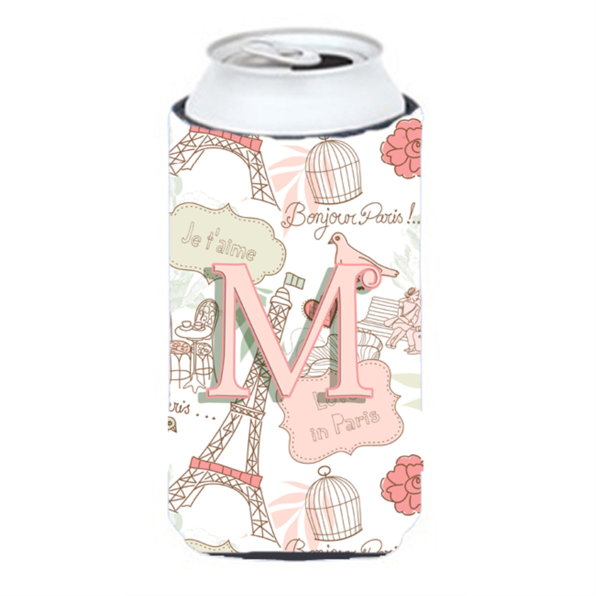 Letter M Love In Paris Pink Tall Boy Beverage Insulator Hugger Cj2002-Mtbc