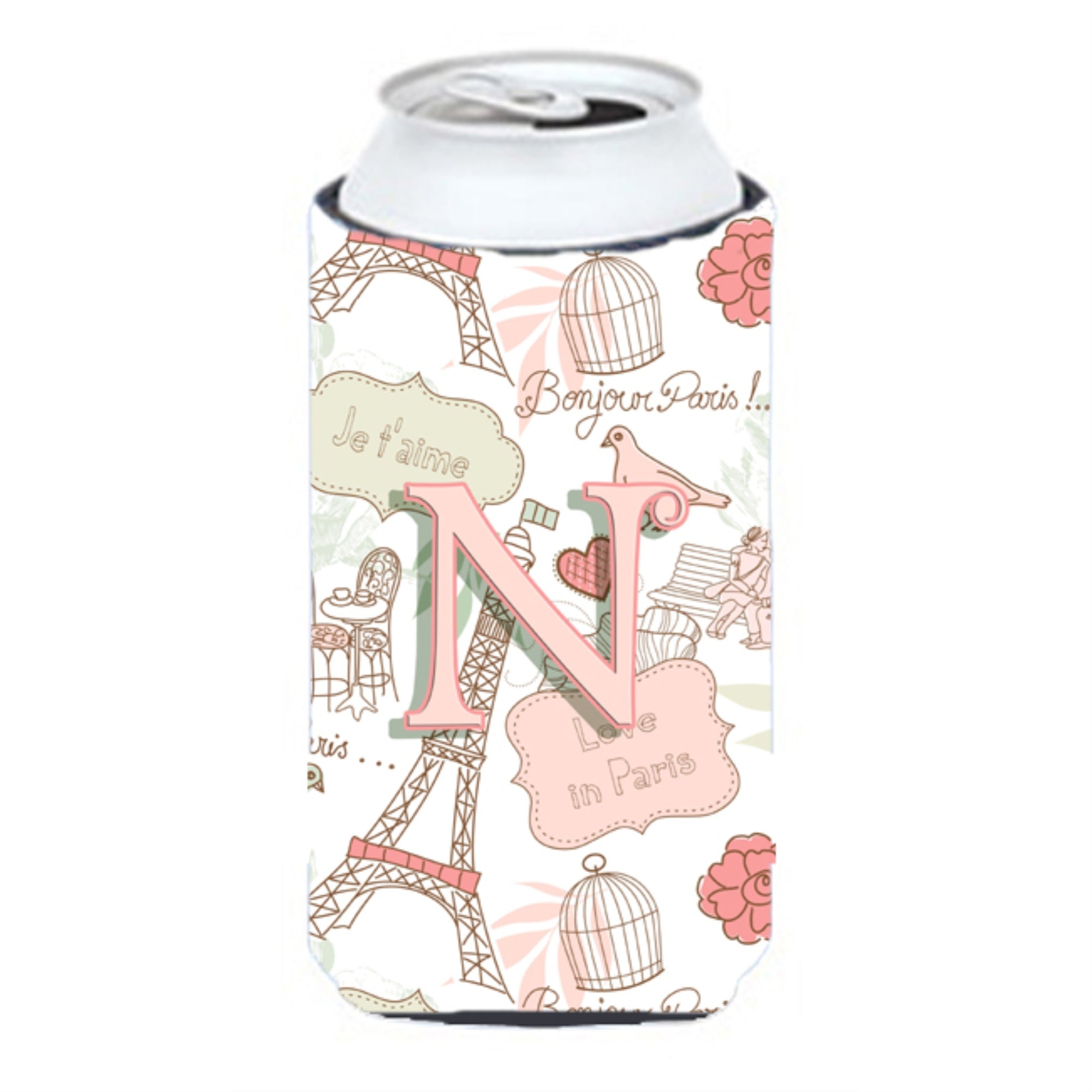 Letter N Love In Paris Pink Tall Boy Beverage Insulator Hugger Cj2002-Ntbc