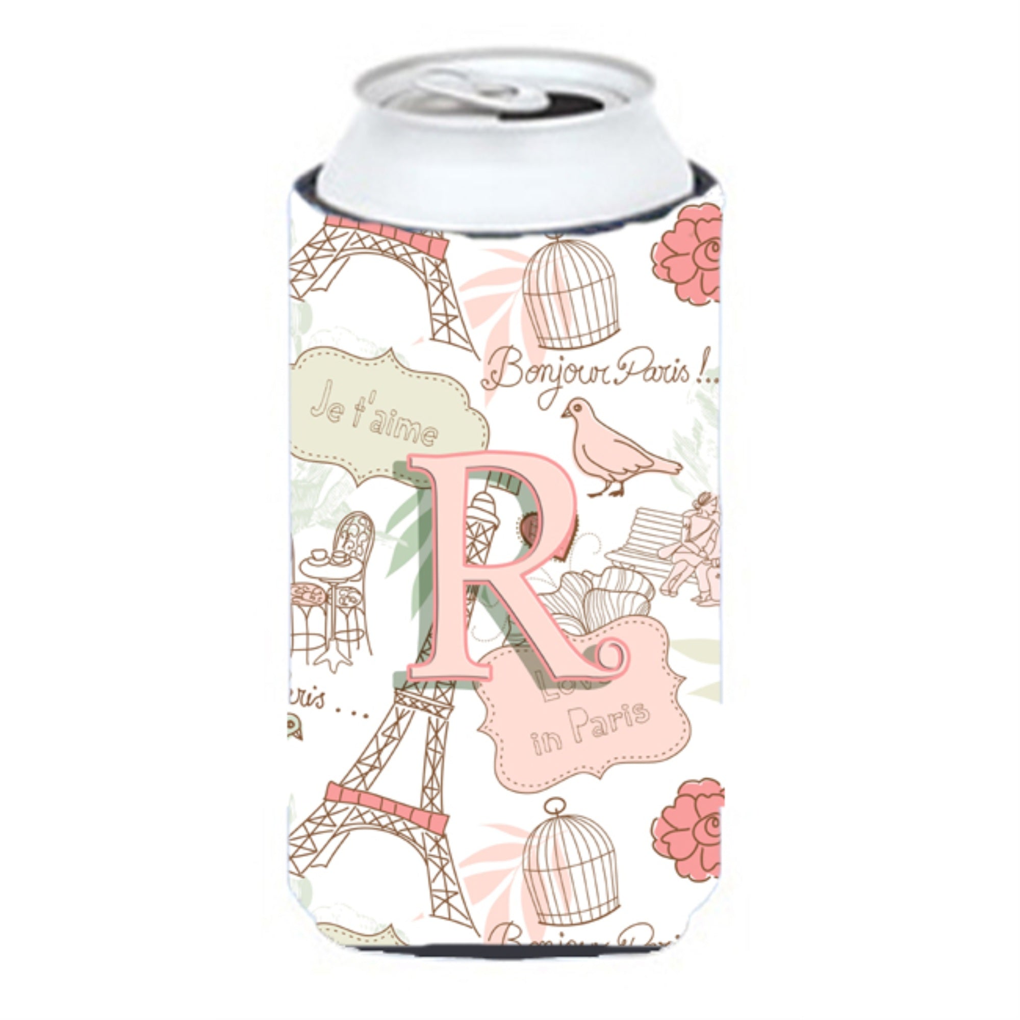 Letter R Love In Paris Pink Tall Boy Beverage Insulator Hugger Cj2002-Rtbc