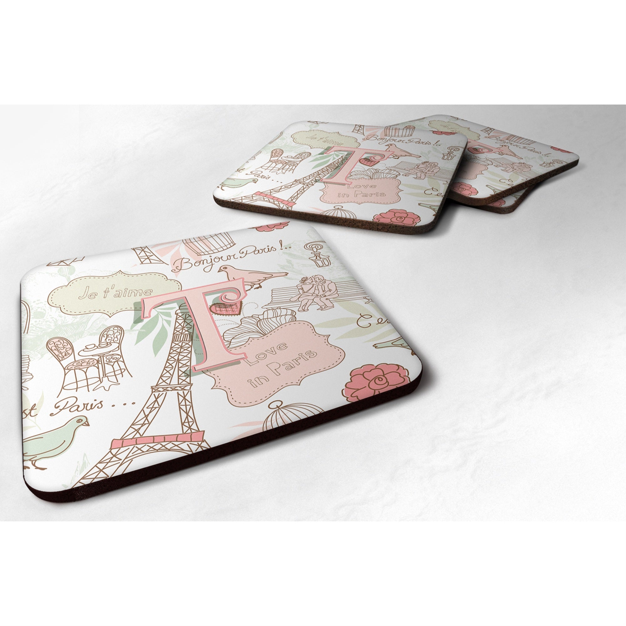 'Caroline'S Treasures Cj2002-Tfc Letter T Love In Paris Pink Foam Coasters (Set Of 4), 3.5'''', Multicolor''