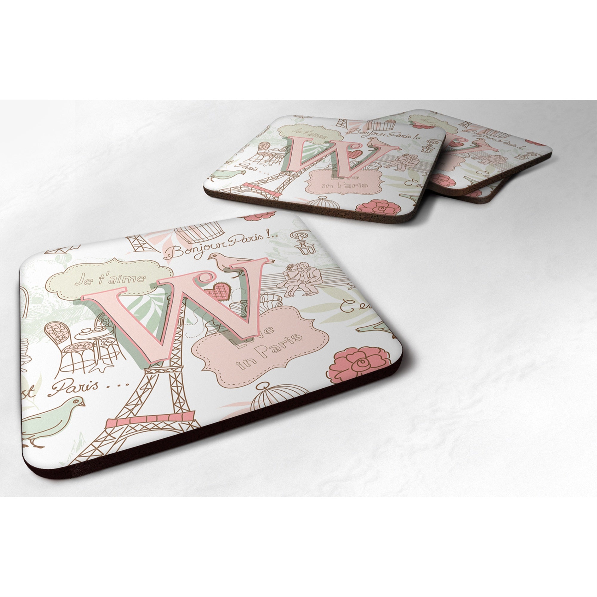 'Caroline'S Treasures Cj2002-Wfc Letter W Love In Paris Pink Foam Coasters (Set Of 4), 3.5'''', Multicolor''