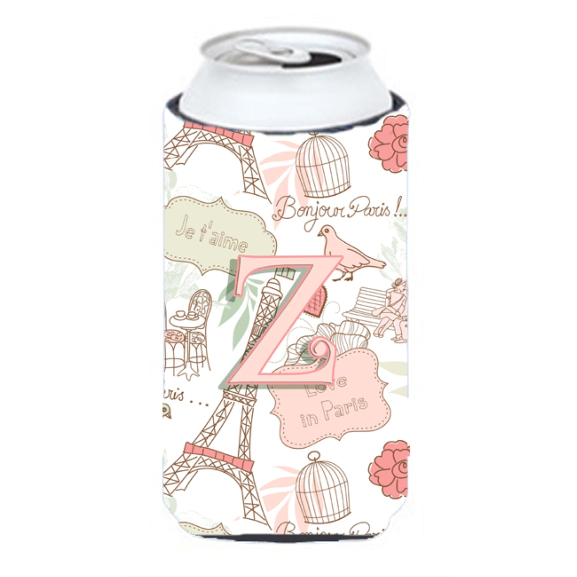 Letter Z Love In Paris Pink Tall Boy Beverage Insulator Hugger Cj2002-Ztbc