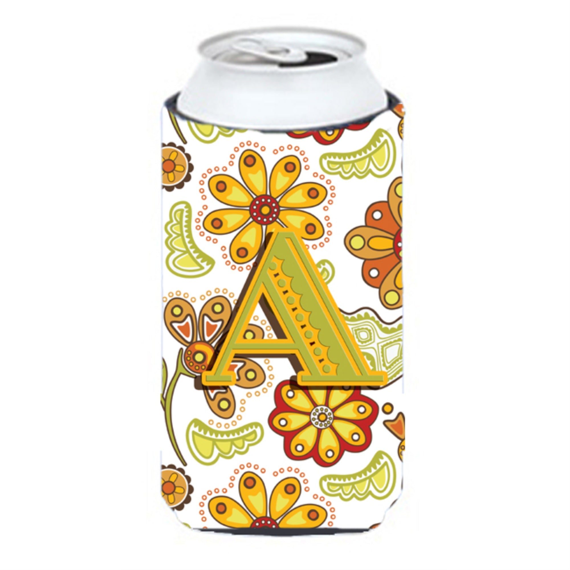 Letter A Floral Mustard And Green Tall Boy Beverage Insulator Hugger Cj2003-Atbc