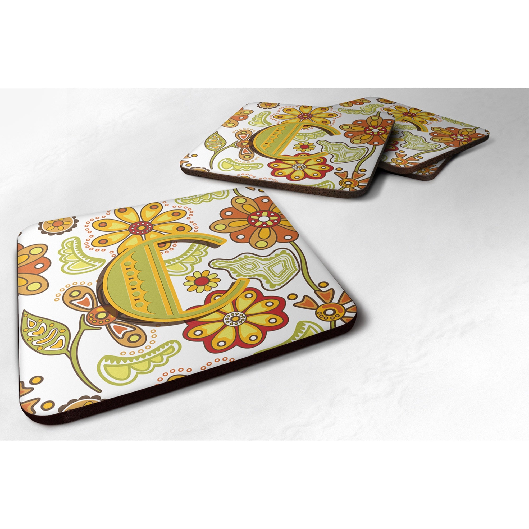 'Caroline'S Treasures Cj2003-Cfc Letter C Floral Mustard And Green Foam Coasters (Set Of 4), 3.5'''', Multicolor''