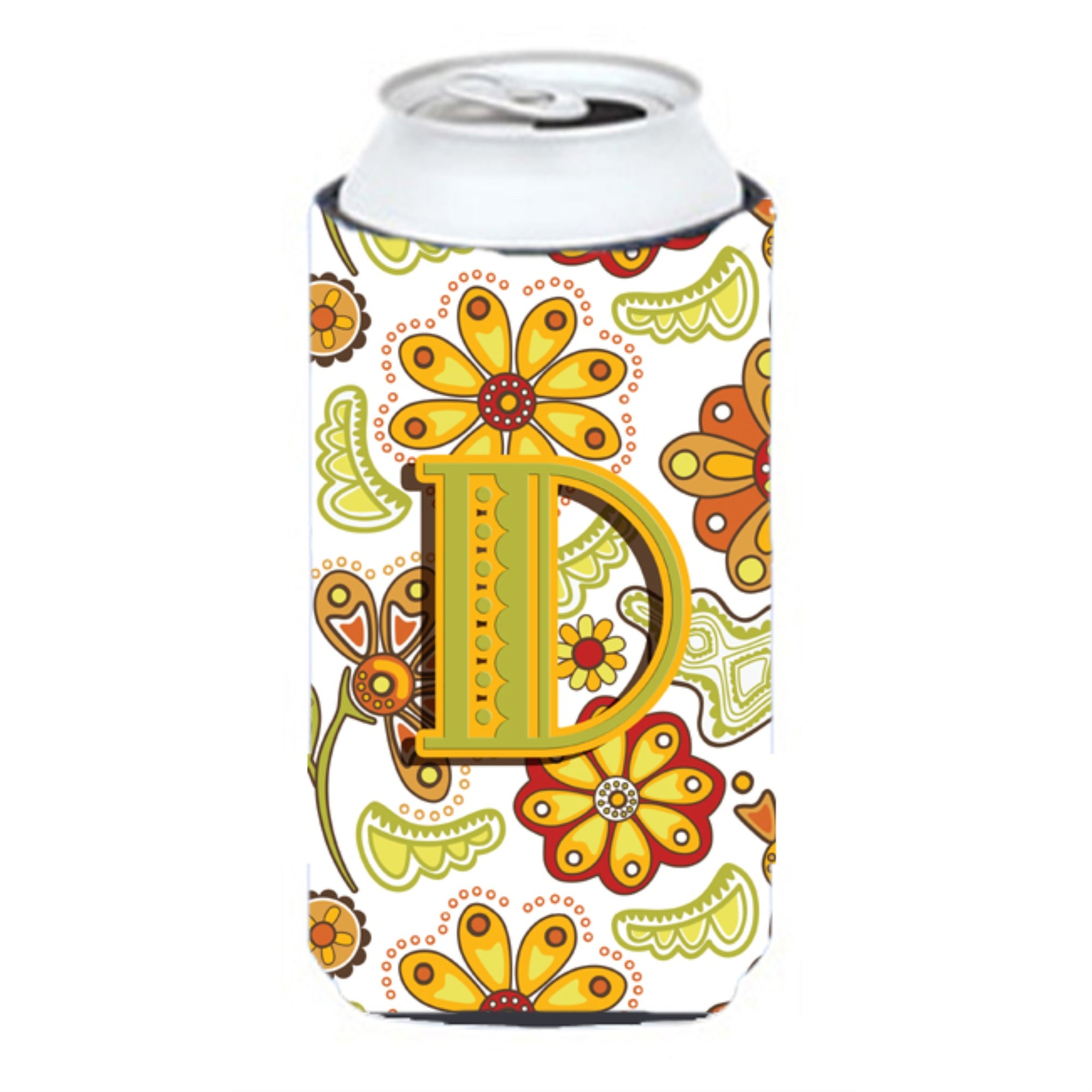 Letter D Floral Mustard And Green Tall Boy Beverage Insulator Hugger Cj2003-Dtbc
