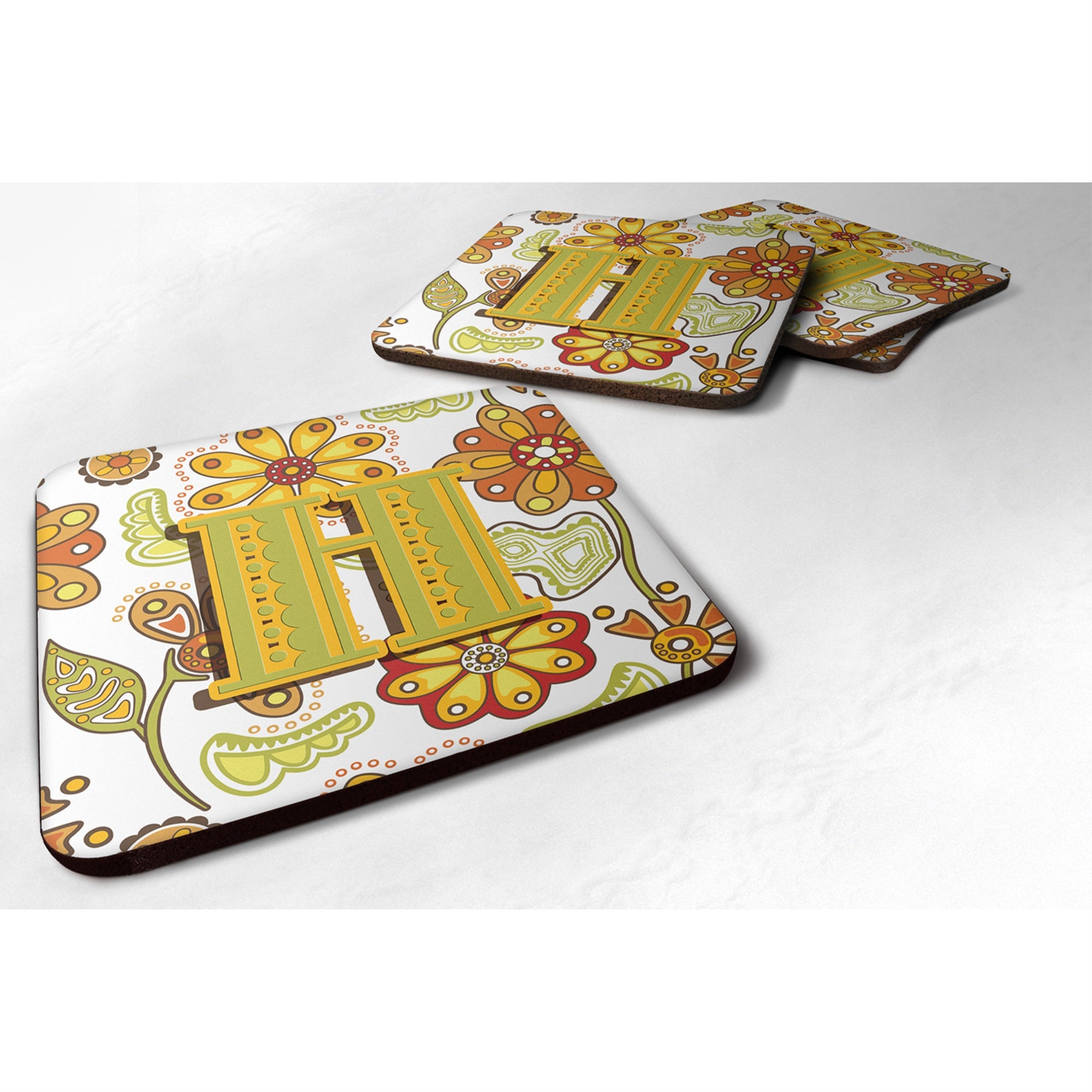 'Caroline'S Treasures Cj2003-Hfc Letter H Floral Mustard And Green Foam Coasters (Set Of 4), 3.5'''', Multicolor''