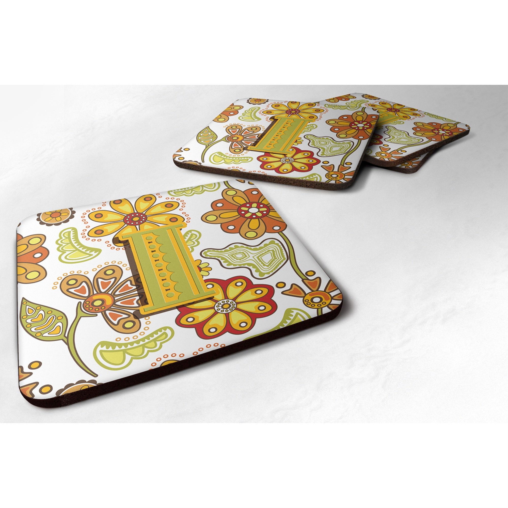 'Caroline'S Treasures Cj2003-Ifc Letter I Floral Mustard And Green Foam Coasters (Set Of 4), 3.5'''', Multicolor''