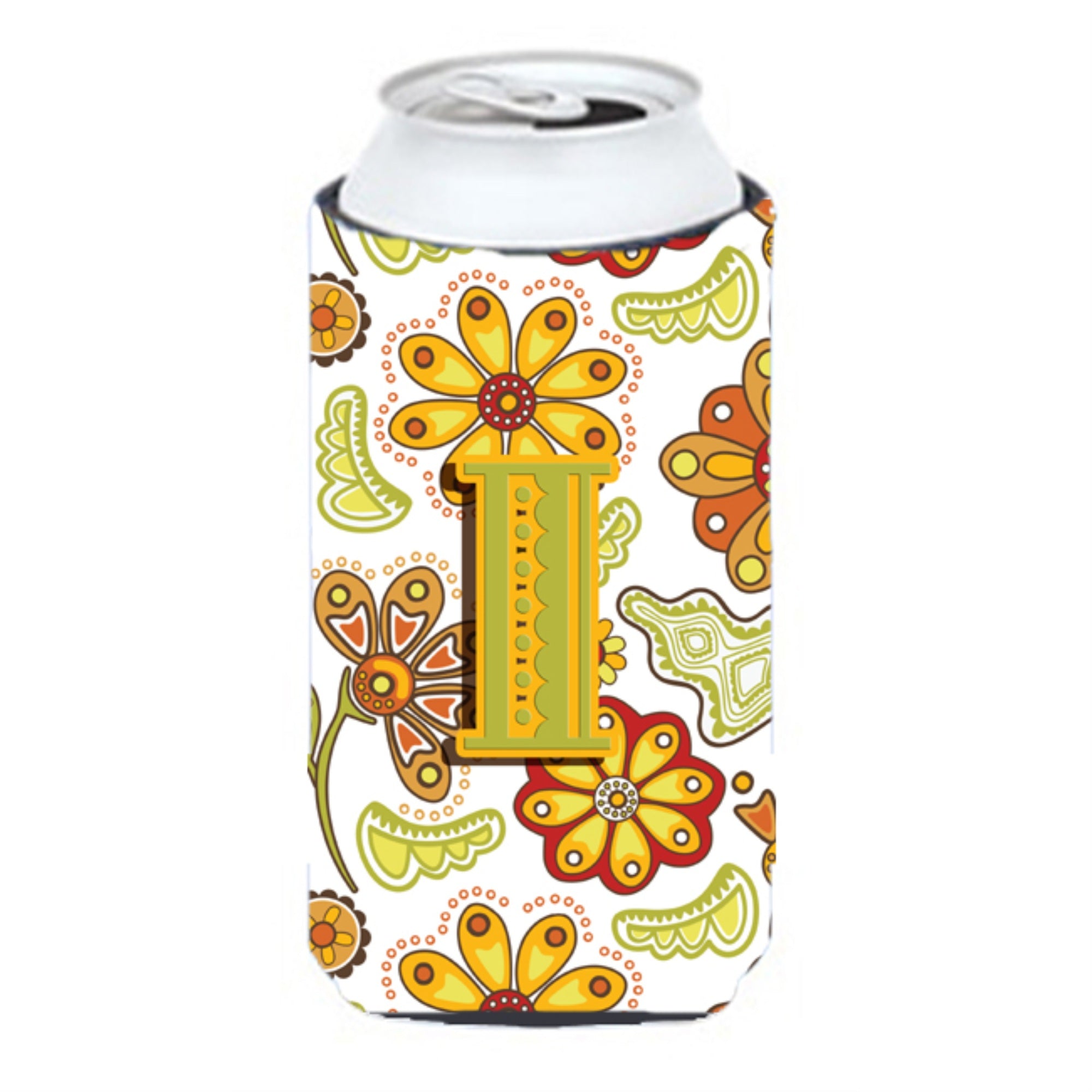 Letter I Floral Mustard And Green Tall Boy Beverage Insulator Hugger Cj2003-Itbc