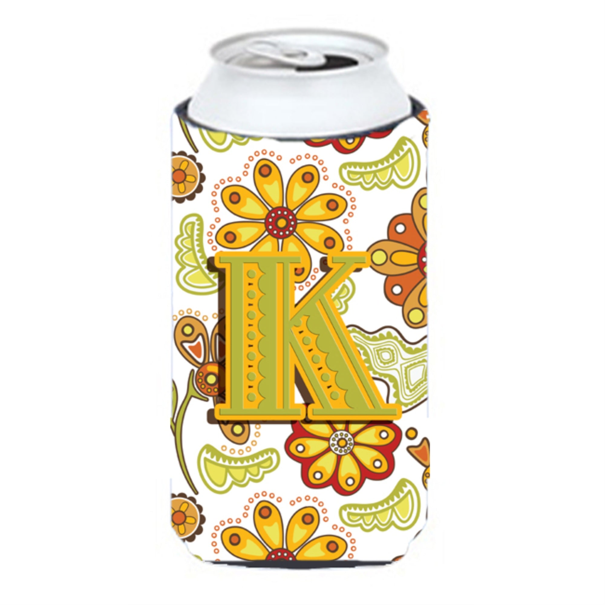 Letter K Floral Mustard And Green Tall Boy Beverage Insulator Hugger Cj2003-Ktbc