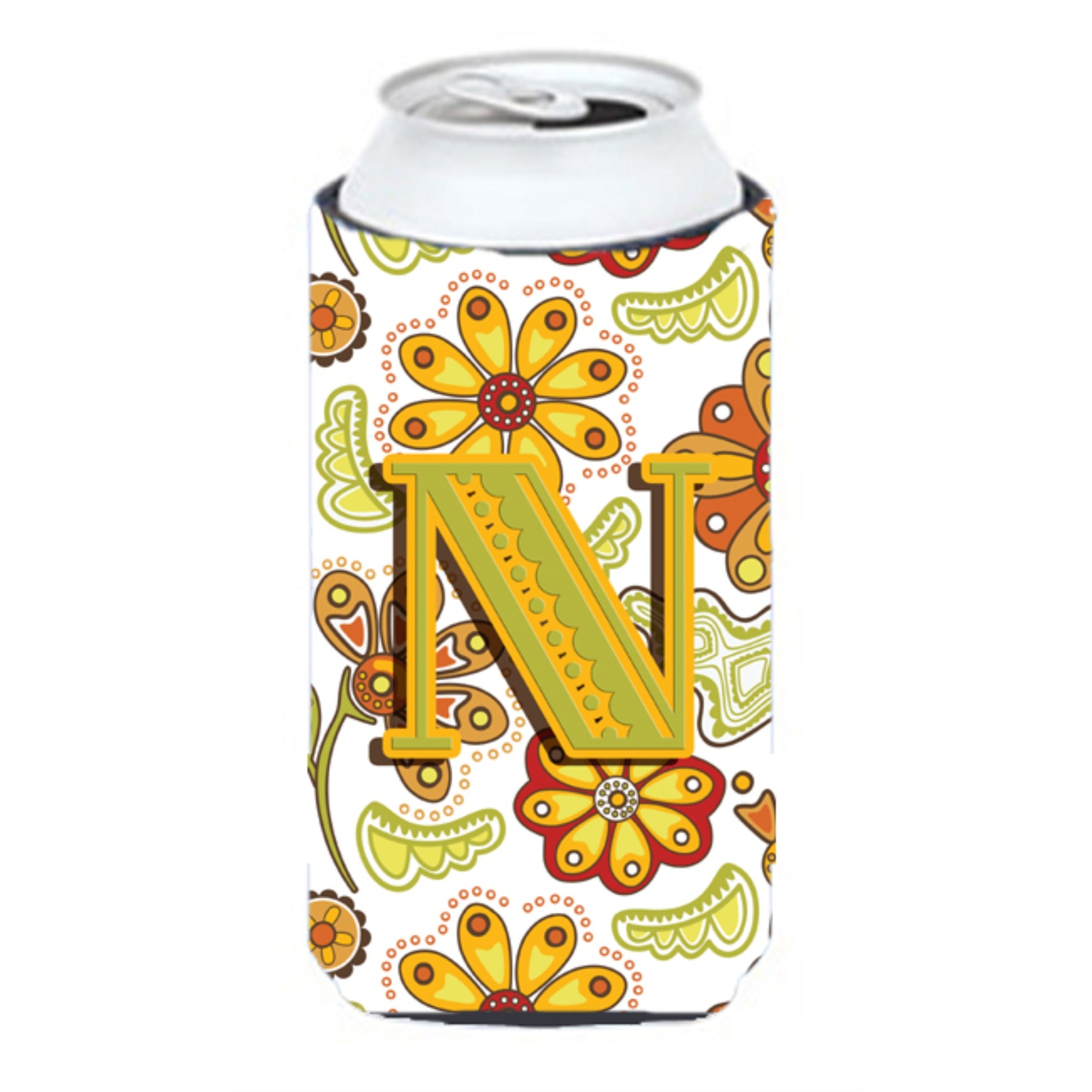 Letter N Floral Mustard And Green Tall Boy Beverage Insulator Hugger Cj2003-Ntbc