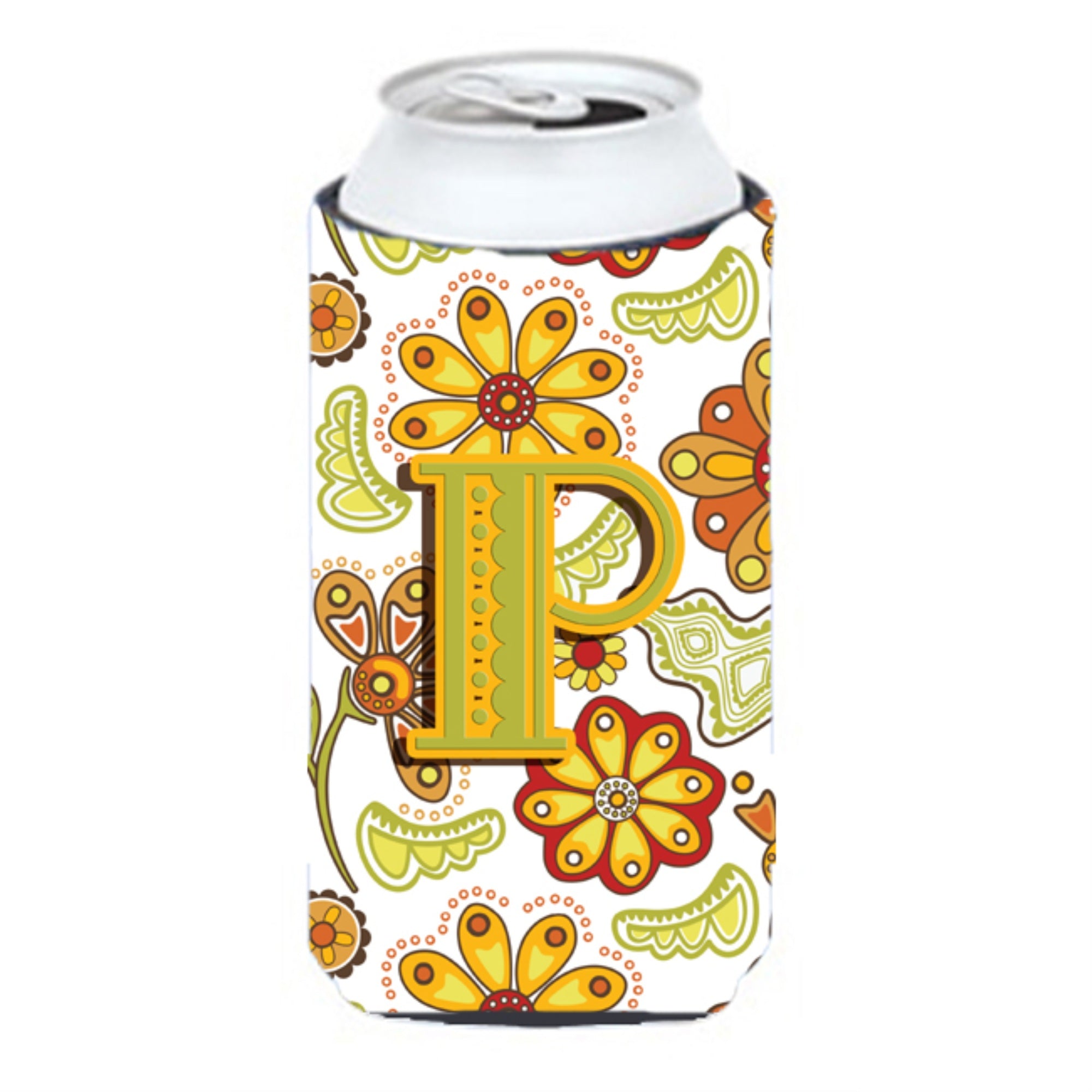 Letter P Floral Mustard And Green Tall Boy Beverage Insulator Hugger Cj2003-Ptbc