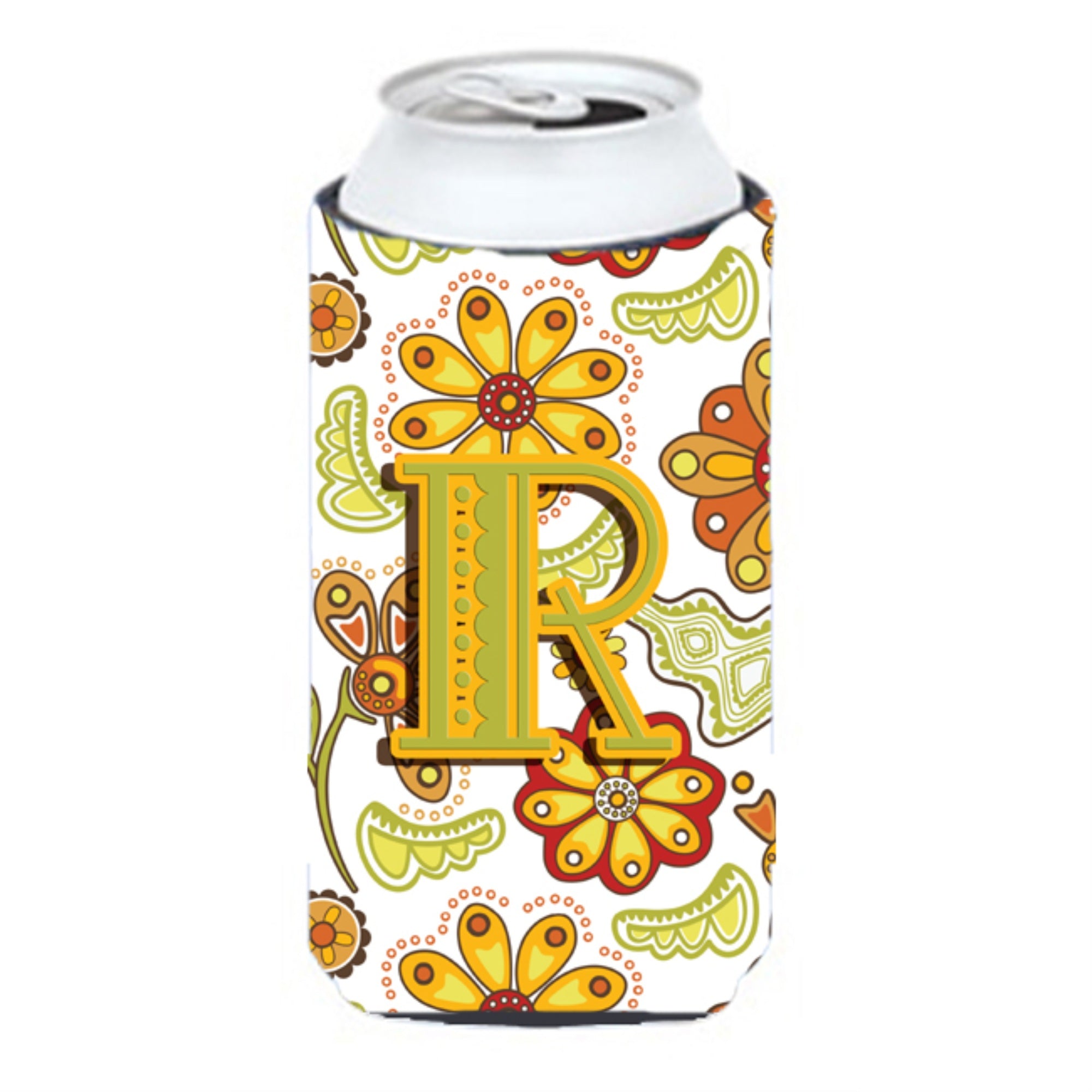 Letter R Floral Mustard And Green Tall Boy Beverage Insulator Hugger Cj2003-Rtbc