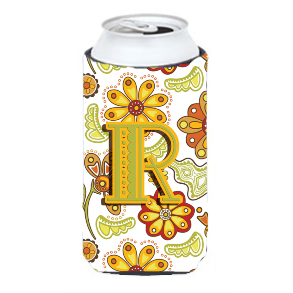 Letter R Floral Mustard and Green Tall Boy Beverage Insulator Hugger C ...