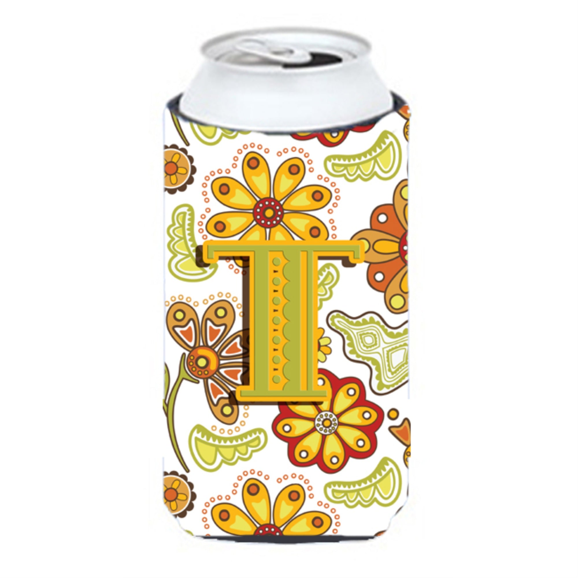 Letter T Floral Mustard And Green Tall Boy Beverage Insulator Hugger Cj2003-Ttbc