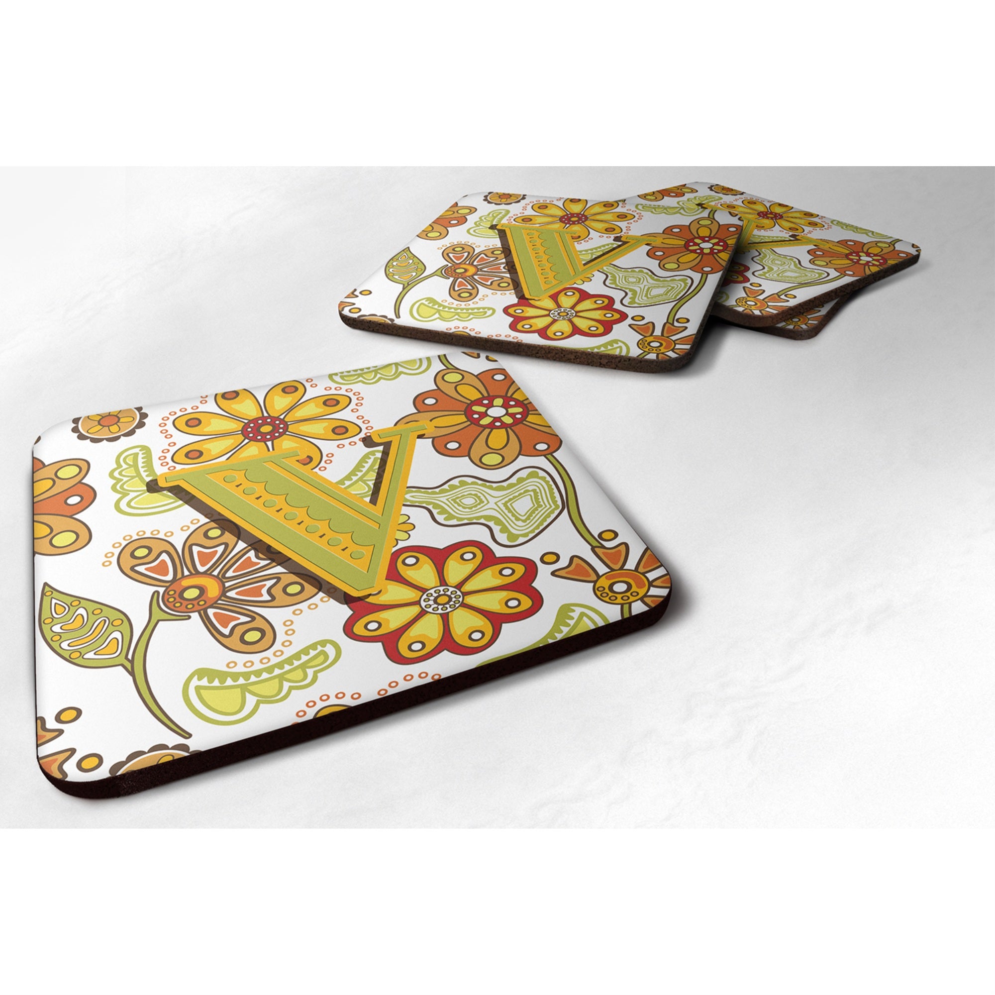 'Caroline'S Treasures Cj2003-Vfc Letter V Floral Mustard And Green Foam Coasters (Set Of 4), 3.5'''', Multicolor''