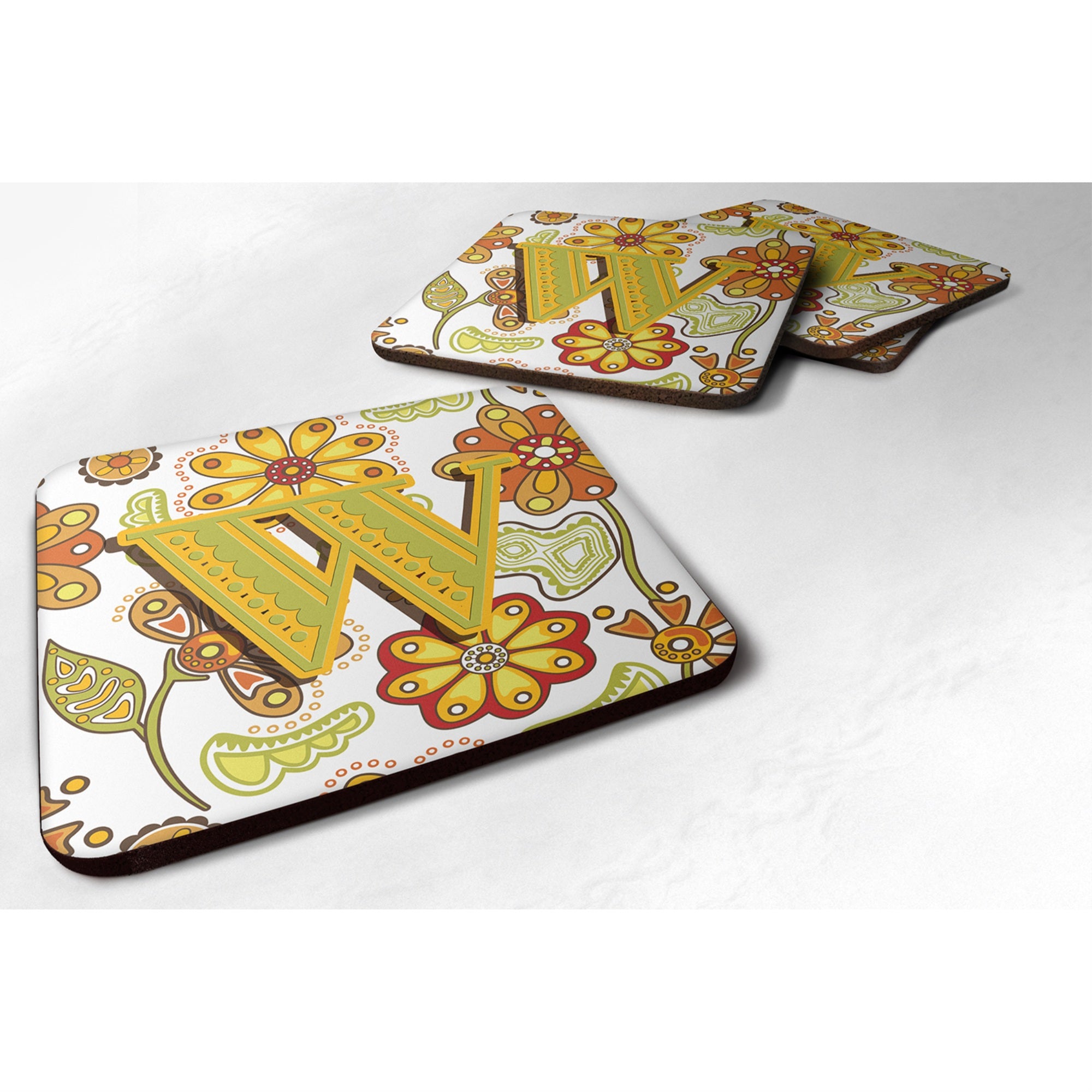 'Caroline'S Treasures Cj2003-Wfc Letter W Floral Mustard And Green Foam Coasters (Set Of 4), 3.5'''', Multicolor''