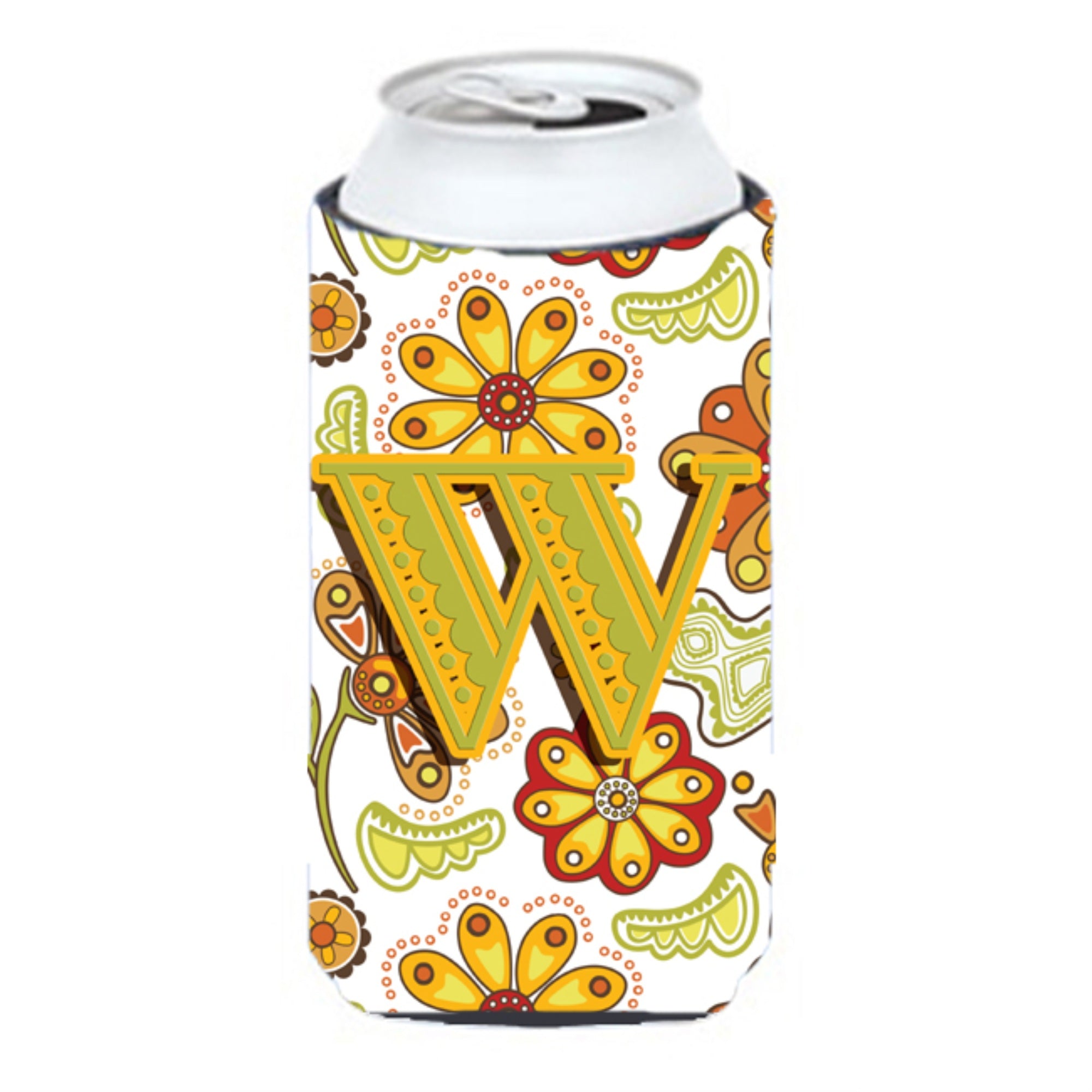 Letter W Floral Mustard And Green Tall Boy Beverage Insulator Hugger Cj2003-Wtbc