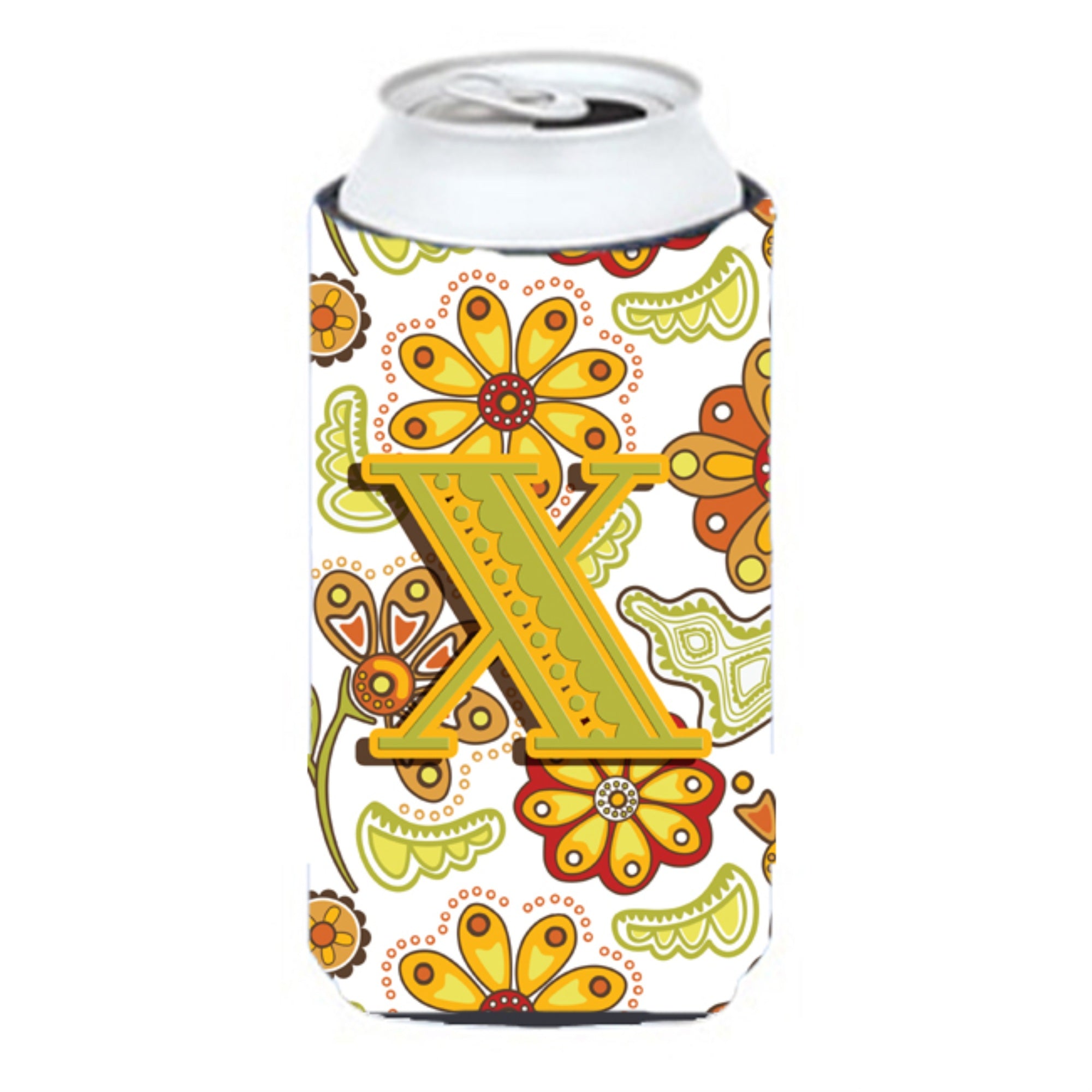 Letter X Floral Mustard And Green Tall Boy Beverage Insulator Hugger Cj2003-Xtbc