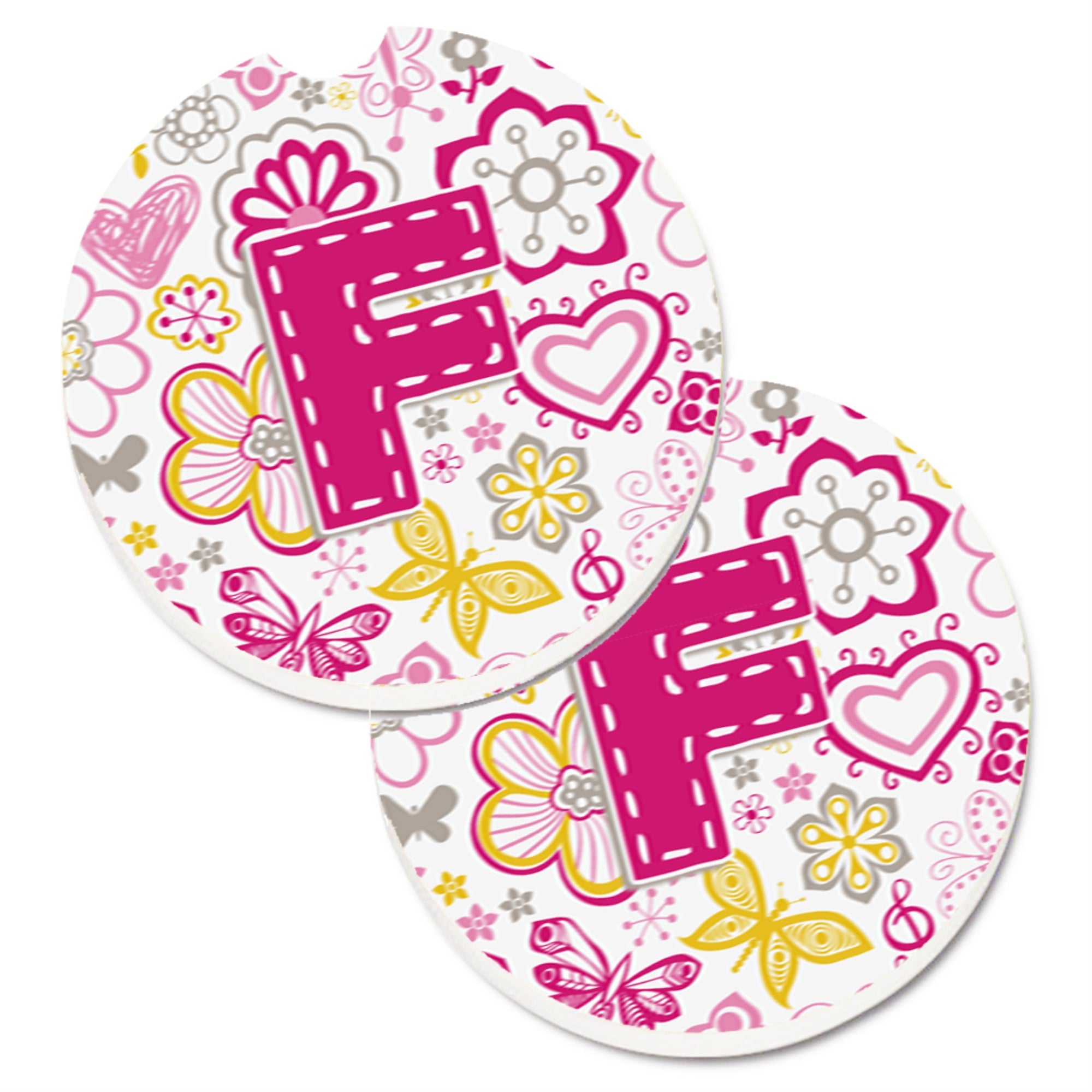 'Caroline'S Treasures Letter F Flowers & Butterflies Pink Set Of 2 Cup Holder Car Coasters Cj2005-Fcarc, 2.56, Multicolor''