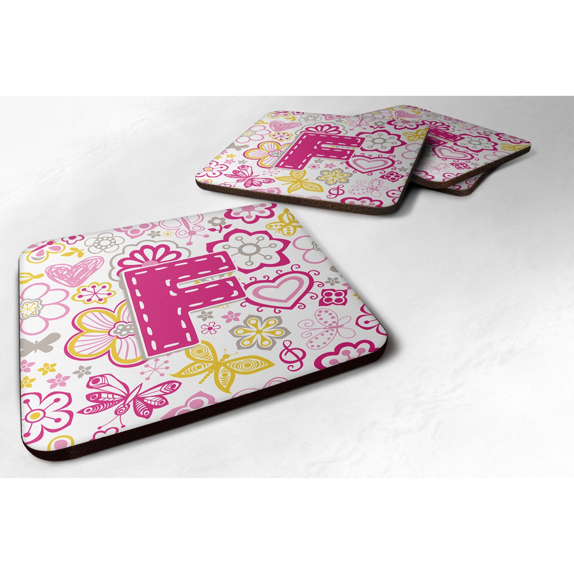 'Caroline'S Treasures Cj2005-Ffc Letter F Flowers And Butterflies Pink Foam Coasters (Set Of 4), 3.5'''', Multicolor''
