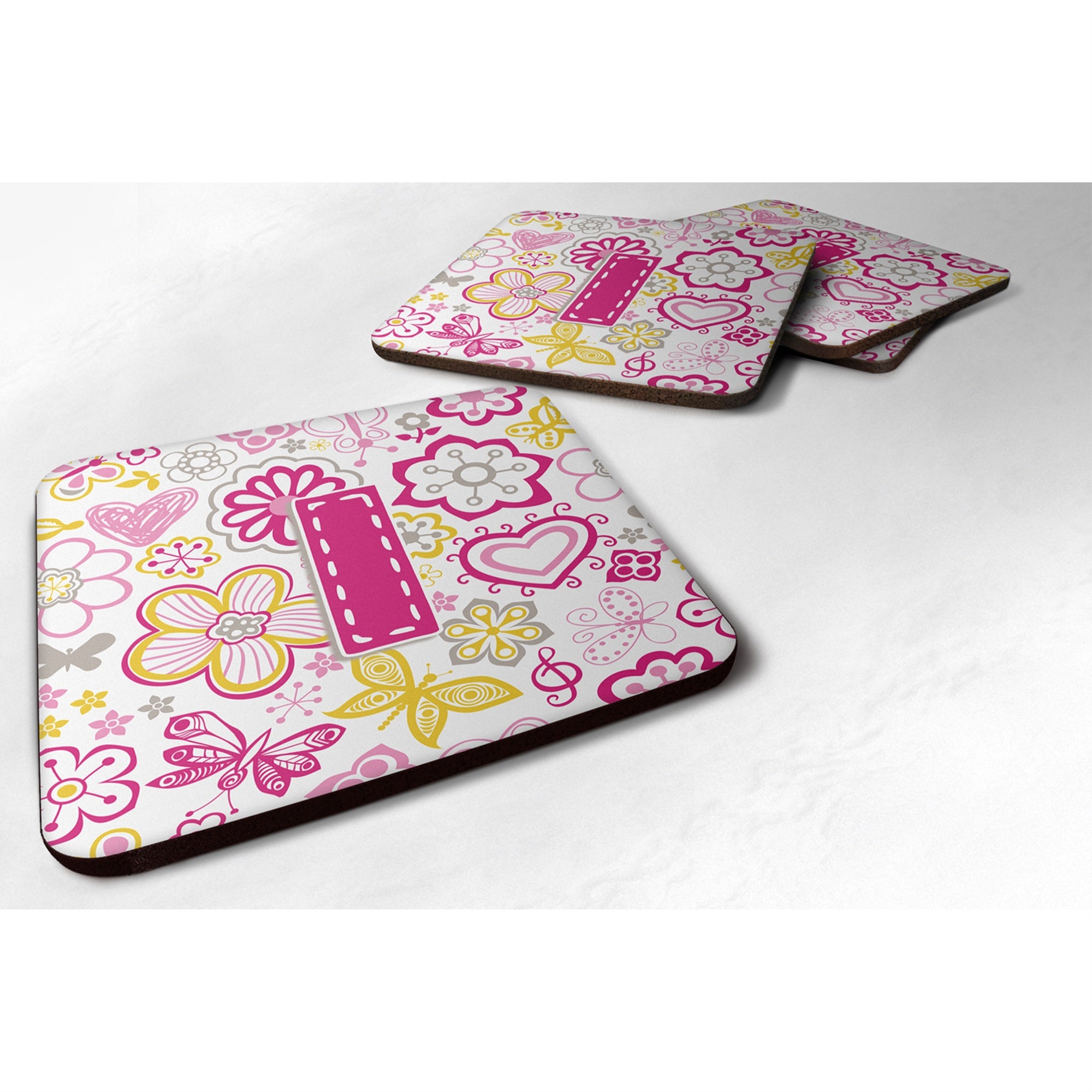 'Caroline'S Treasures Cj2005-Ifc Letter I Flowers And Butterflies Pink Foam Coasters (Set Of 4), 3.5'''', Multicolor''