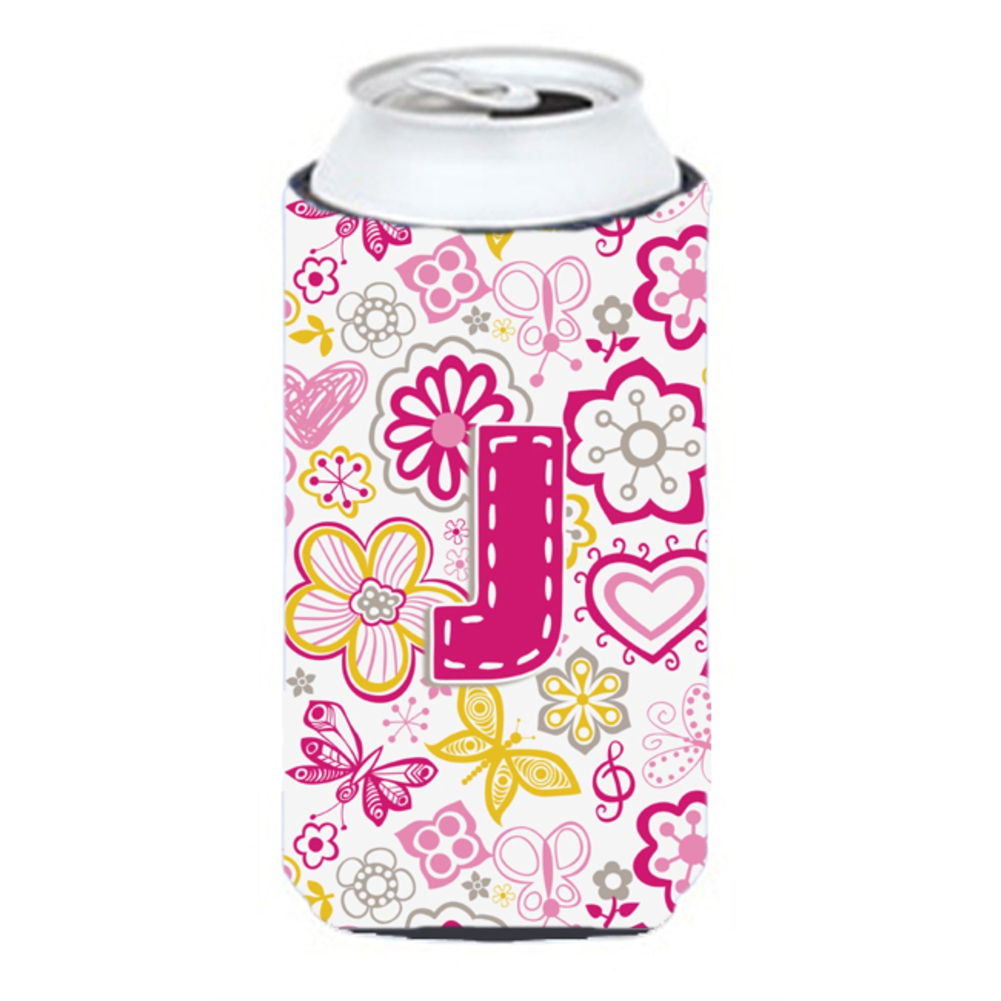 Letter J Flowers And Butterflies Pink Tall Boy Beverage Insulator Hugger Cj2005-Jtbc
