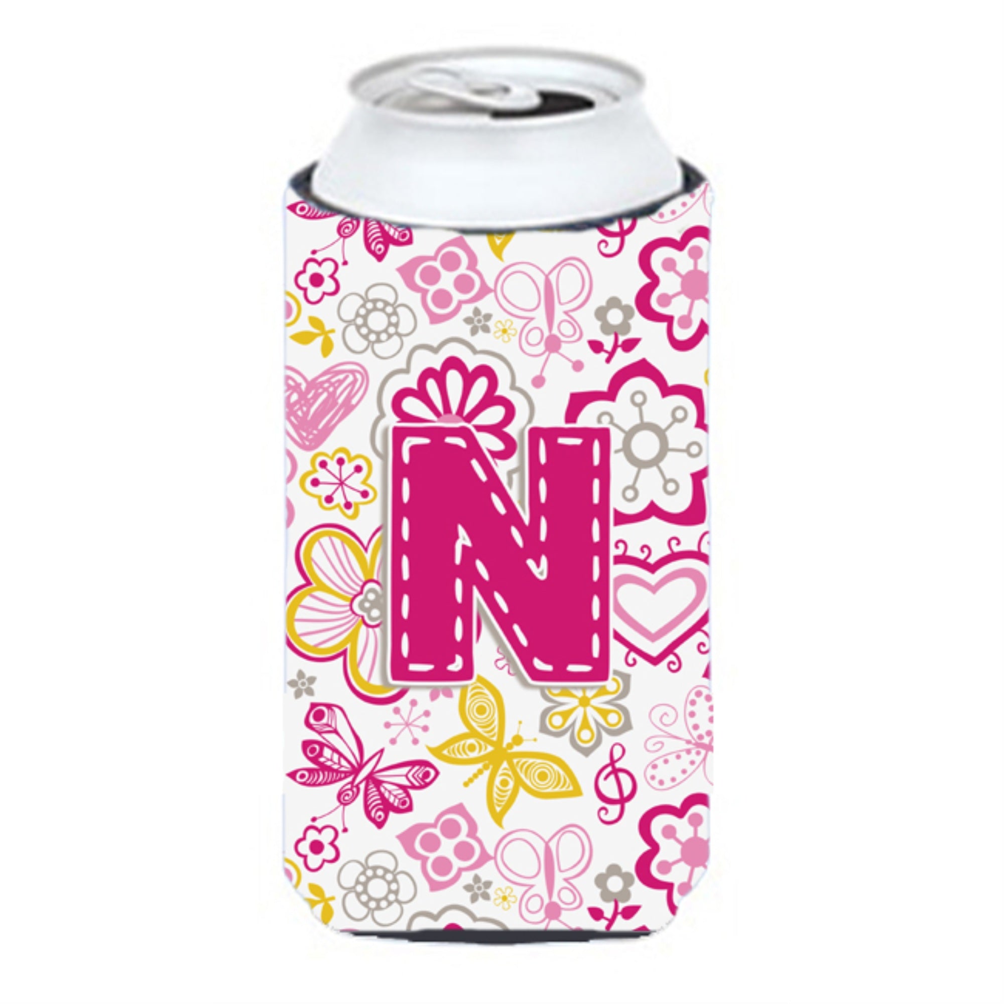 Letter N Flowers And Butterflies Pink Tall Boy Beverage Insulator Hugger Cj2005-Ntbc