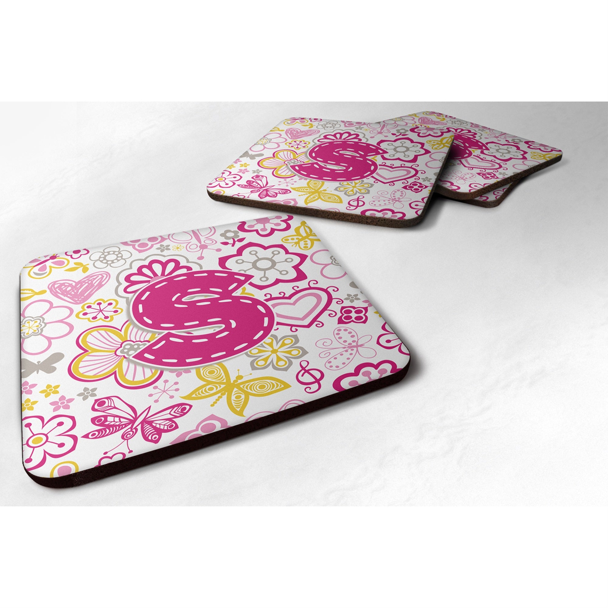 'Caroline'S Treasures Cj2005-Sfc Letter S Flowers And Butterflies Pink Foam Coasters (Set Of 4), 3.5'''', Multicolor''