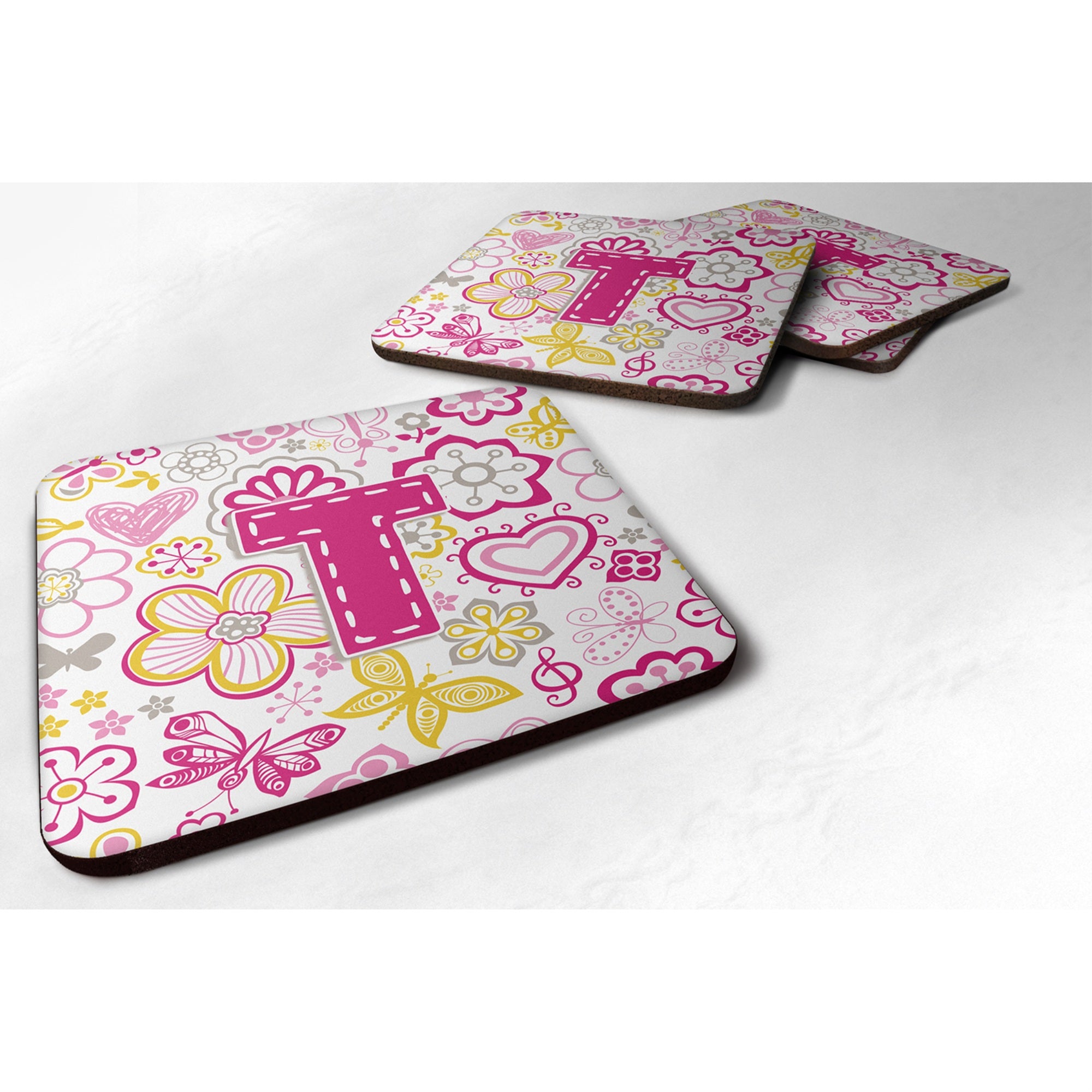 'Caroline'S Treasures Cj2005-Tfc Letter T Flowers And Butterflies Pink Foam Coasters (Set Of 4), 3.5'''', Multicolor''