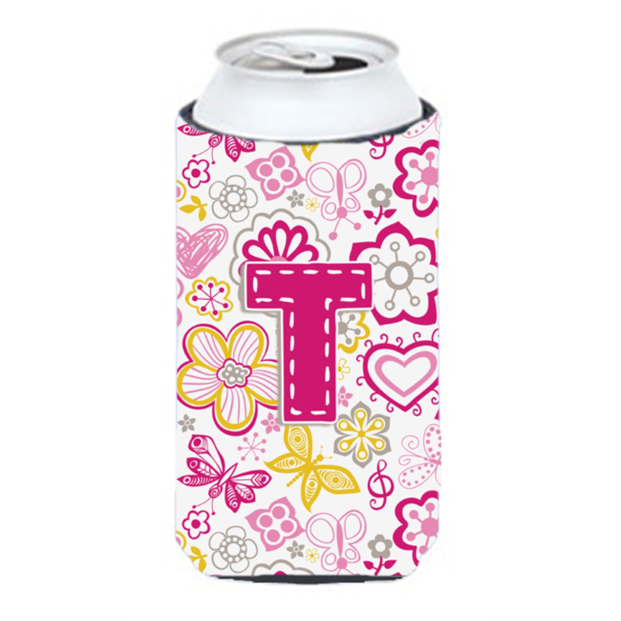 Letter T Flowers And Butterflies Pink Tall Boy Beverage Insulator Hugger Cj2005-Ttbc