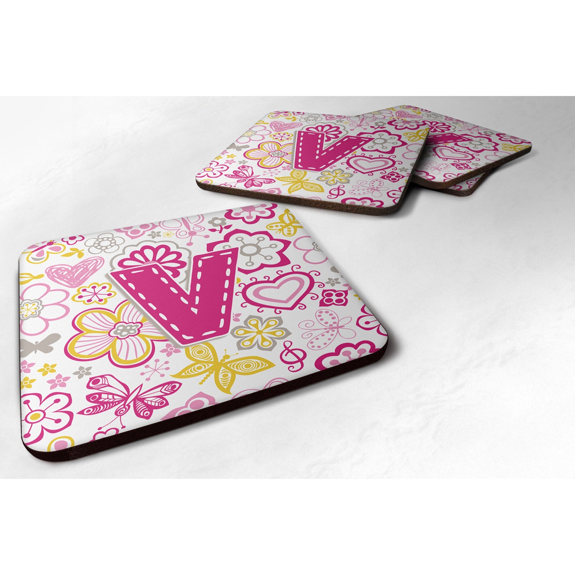 'Caroline'S Treasures Cj2005-Vfc Letter V Flowers And Butterflies Pink Foam Coasters (Set Of 4), 3.5'''', Multicolor''
