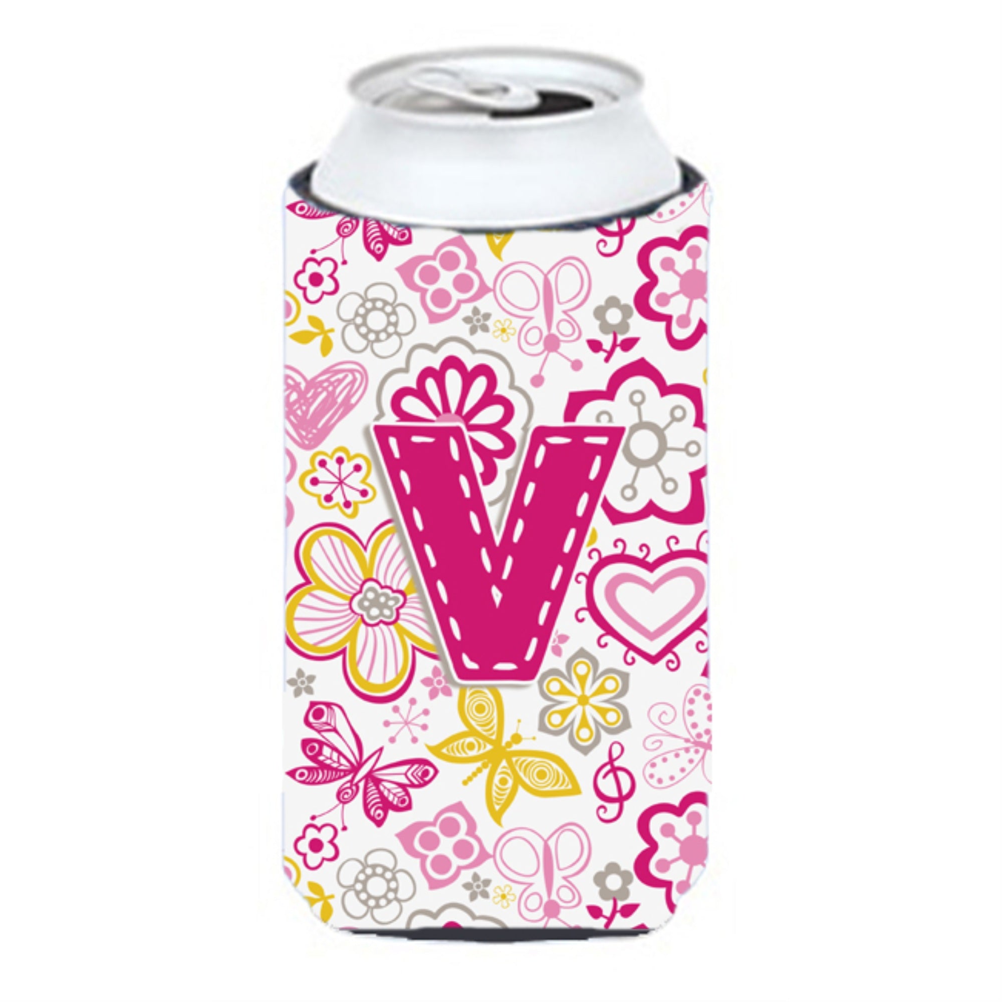 Letter V Flowers And Butterflies Pink Tall Boy Beverage Insulator Hugger Cj2005-Vtbc
