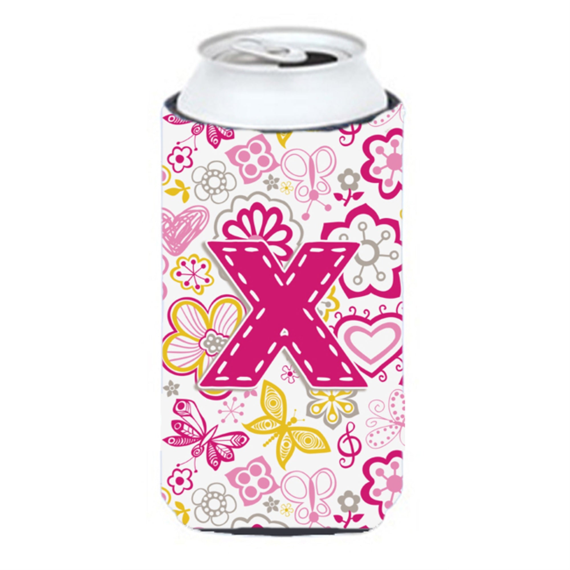 Letter X Flowers And Butterflies Pink Tall Boy Beverage Insulator Hugger Cj2005-Xtbc