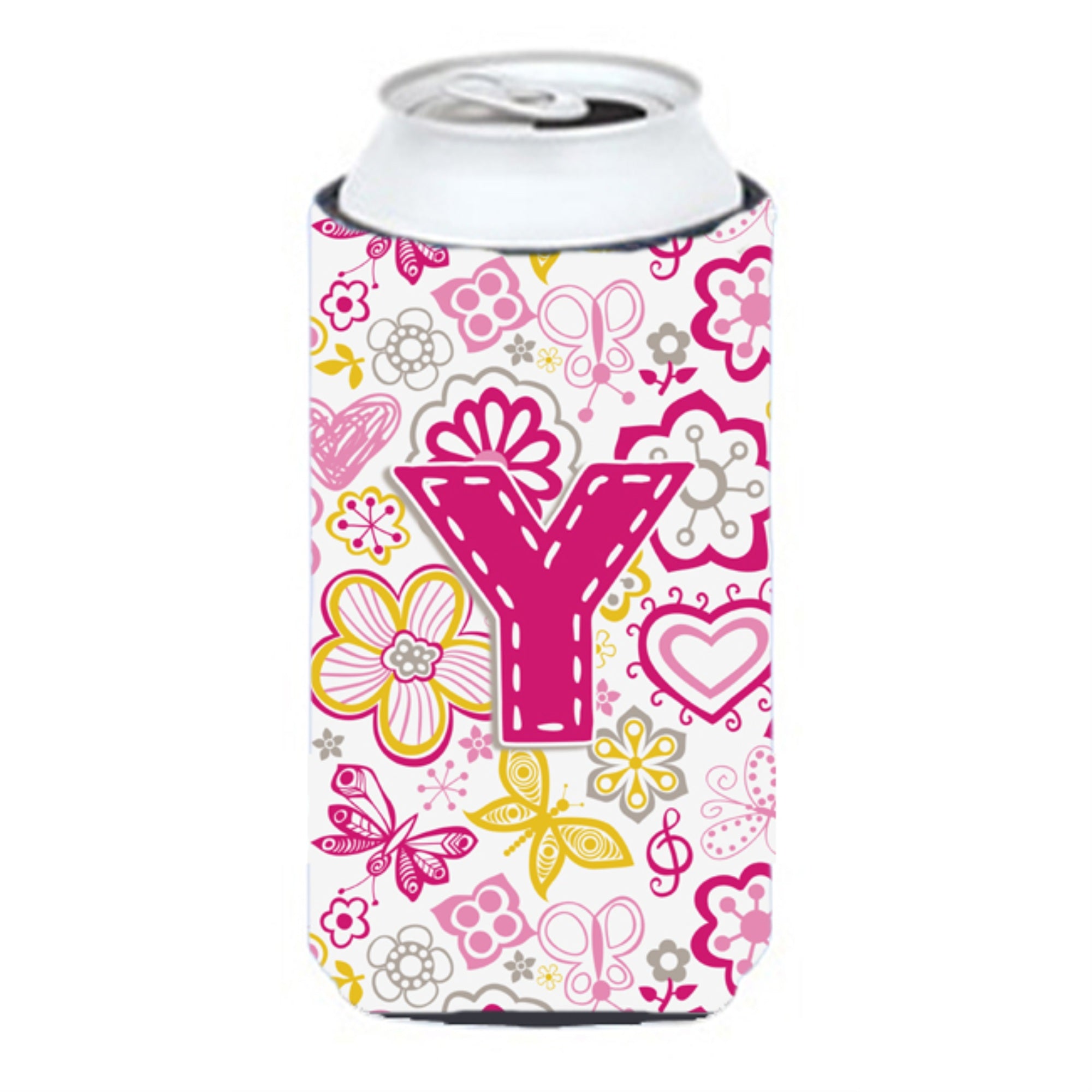 Letter Y Flowers And Butterflies Pink Tall Boy Beverage Insulator Hugger Cj2005-Ytbc