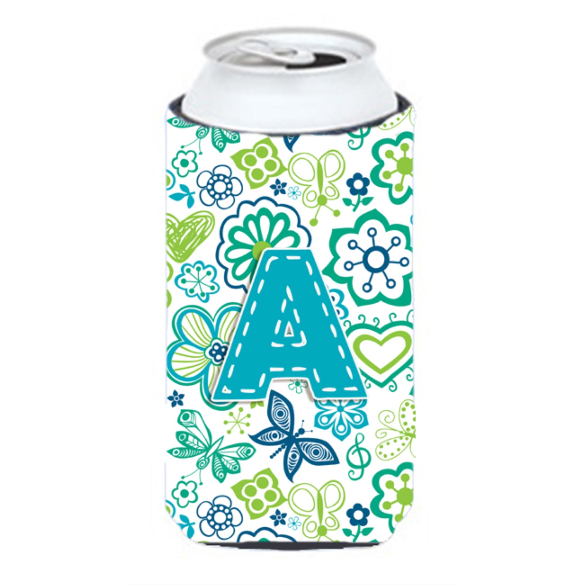 Letter A Flowers And Butterflies Teal Blue Tall Boy Beverage Insulator Hugger Cj2006-Atbc