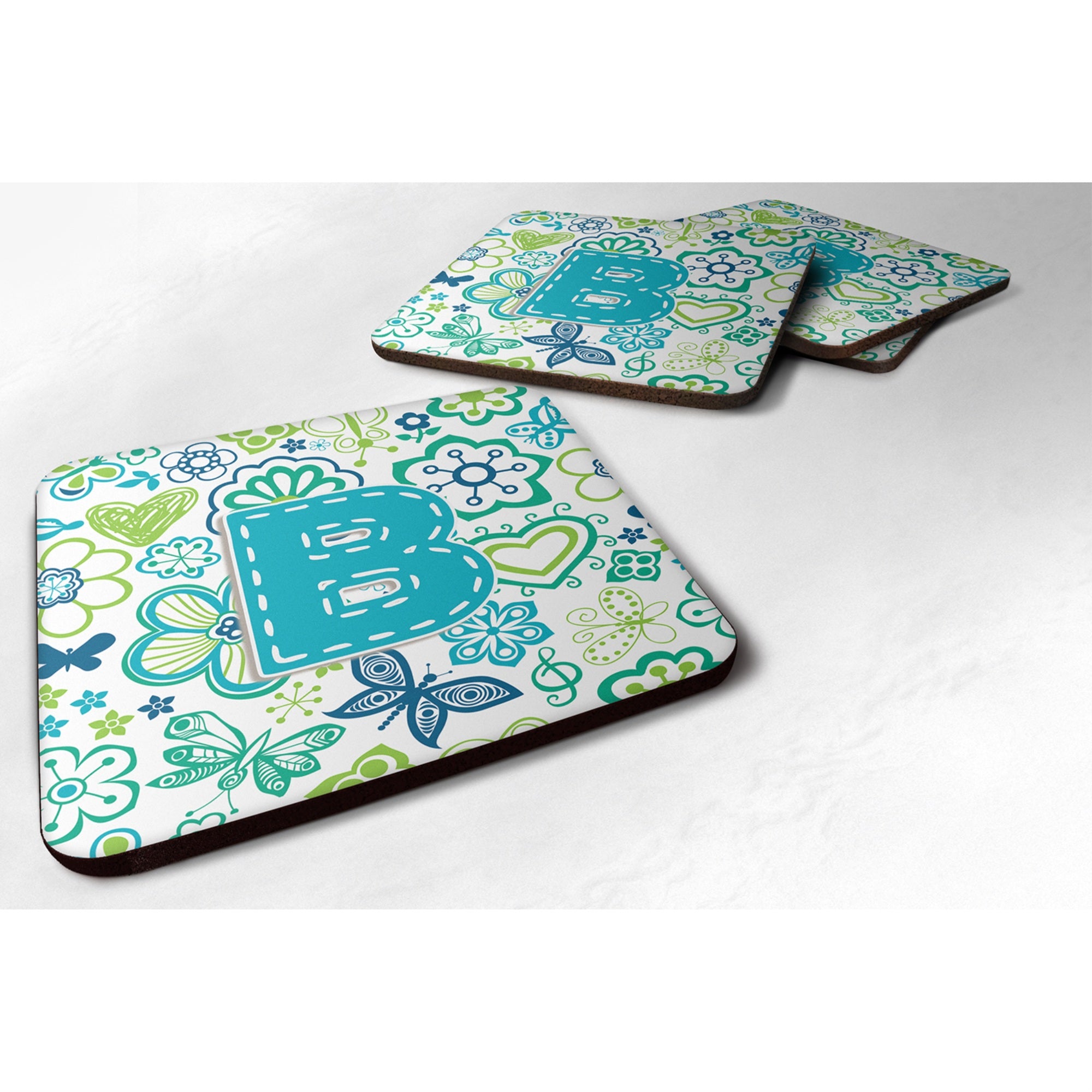 'Caroline'S Treasures Cj2006-Bfc Letter B Flowers And Butterflies Teal Blue Foam Coasters (Set Of 4), 3.5'''', Multicolor''