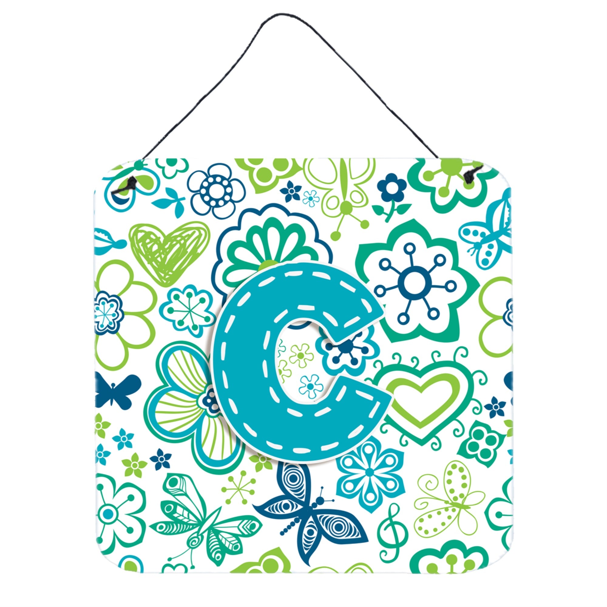 'Caroline'S Treasures Letter C Flowers And Butterflies Teal Blue Wall Or Door Hanging Prints, 6 X 6''''''