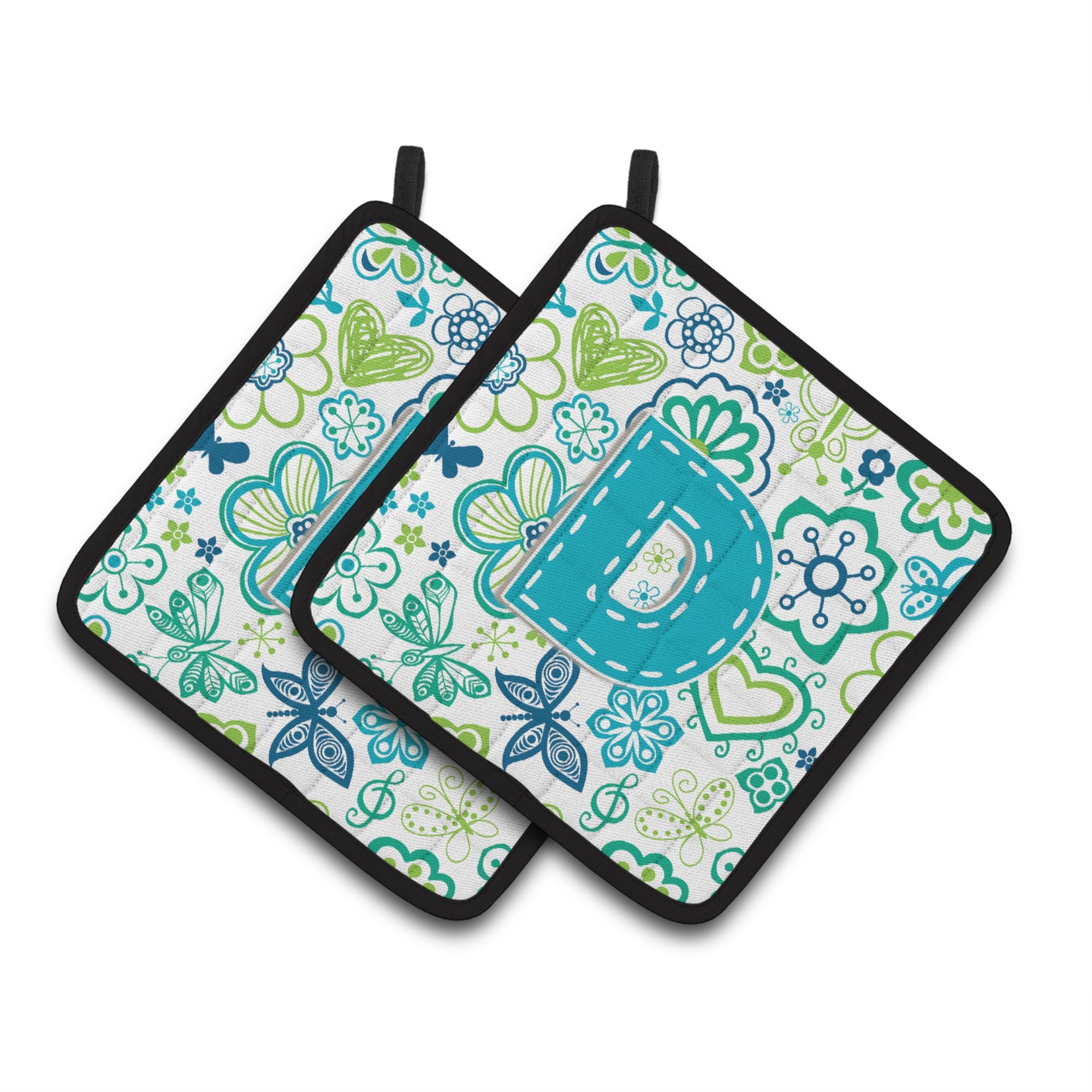 'Caroline'S Treasures Letter D Flowers & Butterflies Teal Blue Pair Of Pot Holders Cj2006-Dpthd, 7.5Hx7.5W, Multicolor''