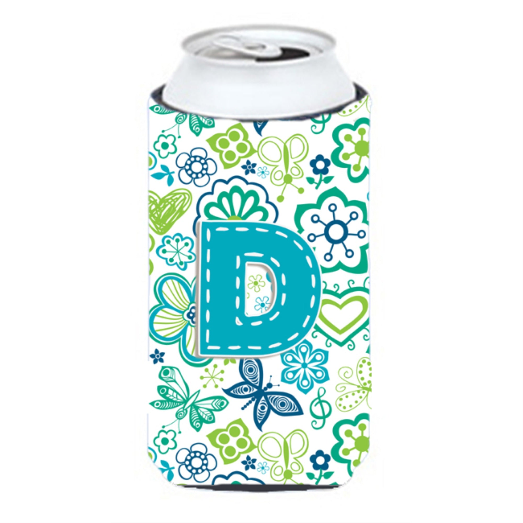Letter D Flowers And Butterflies Teal Blue Tall Boy Beverage Insulator Hugger Cj2006-Dtbc