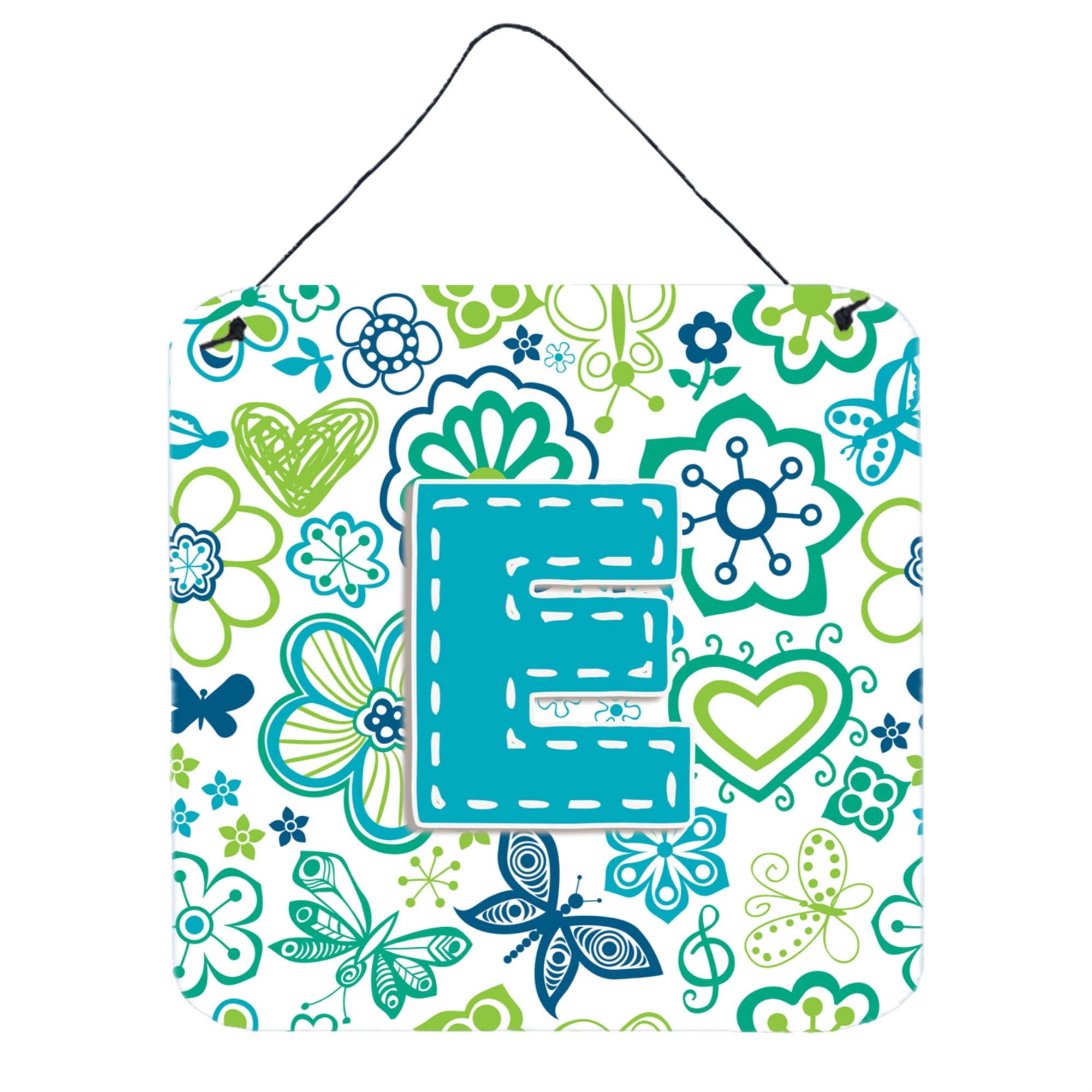 'Caroline'S Treasures Letter E Flowers And Butterflies Teal Blue Wall Or Door Hanging Prints, 6 X 6''''''