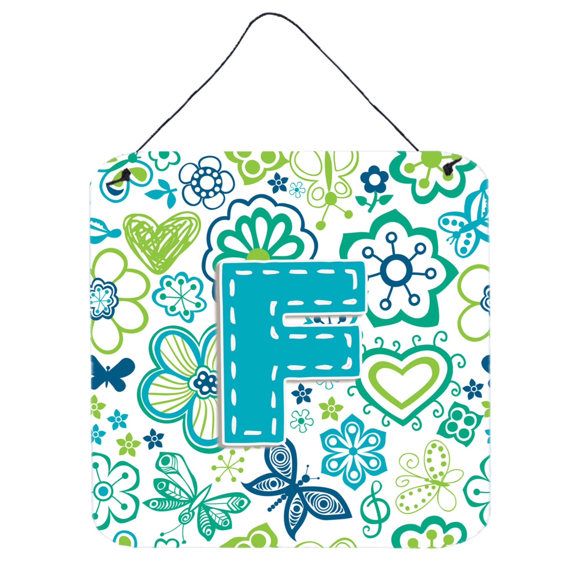 'Caroline'S Treasures Letter F Flowers And Butterflies Teal Blue Wall Or Door Hanging Prints, 6 X 6''''''