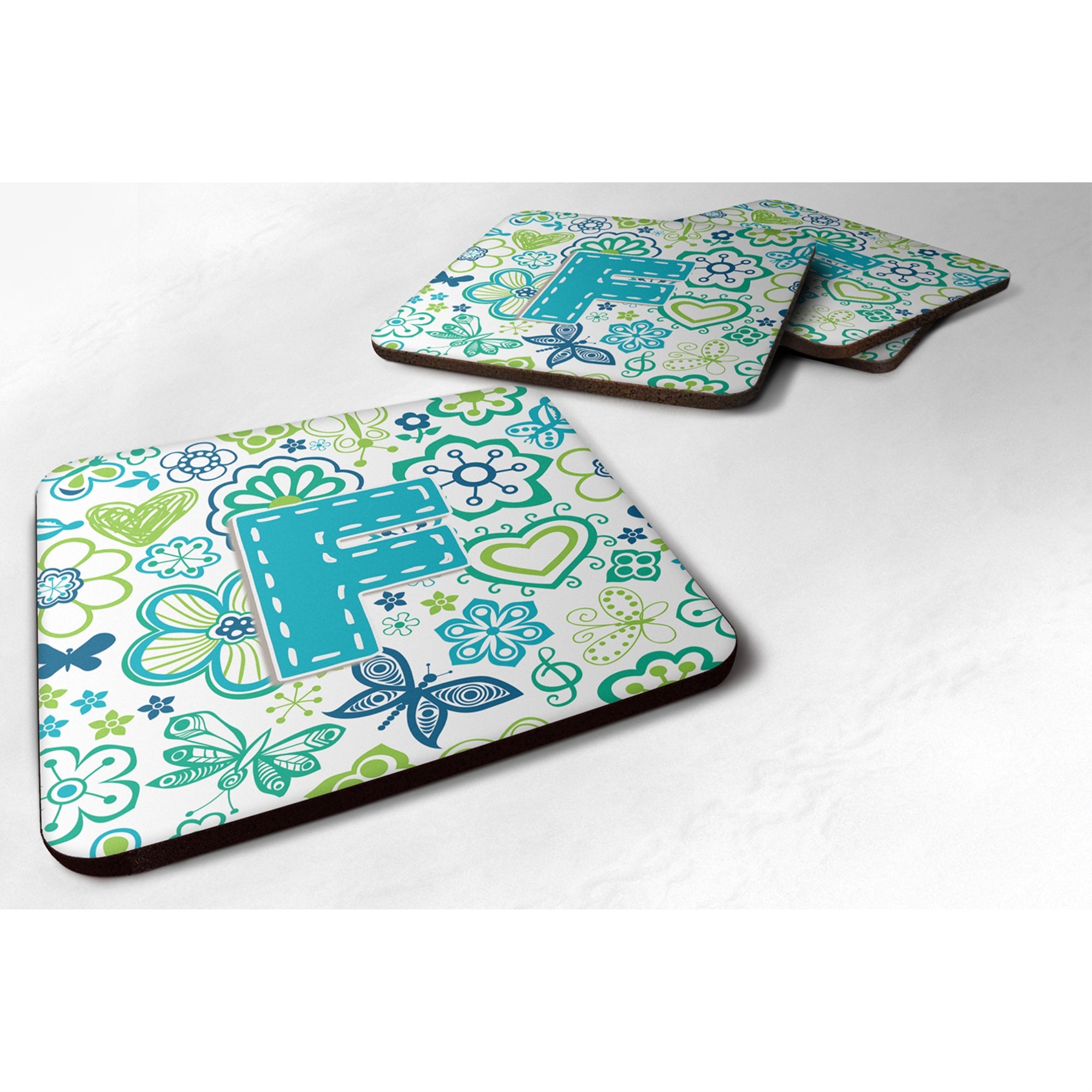 'Caroline'S Treasures Cj2006-Ffc Letter F Flowers And Butterflies Teal Blue Foam Coasters (Set Of 4), 3.5'''', Multicolor''